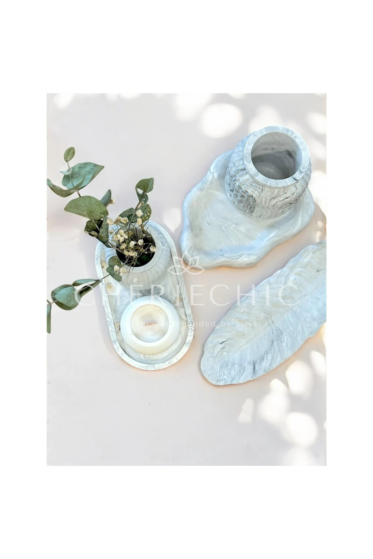 Uzun Kuş Tüyü Dekoratif Obje | Sunum Tabak | Mermer (Gri)