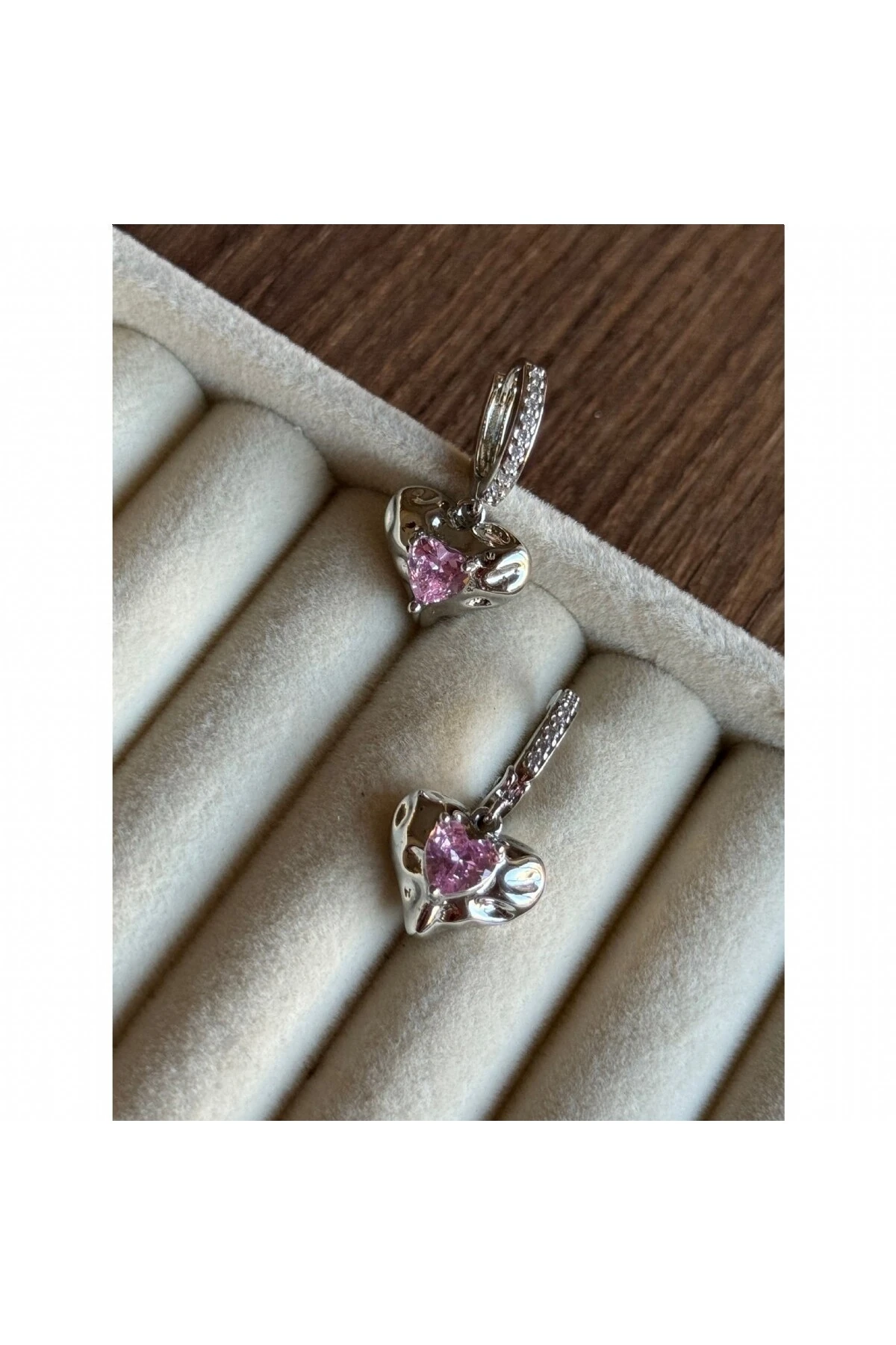 Kalp Pembe Kristal Charm  Zirkon  Küpe