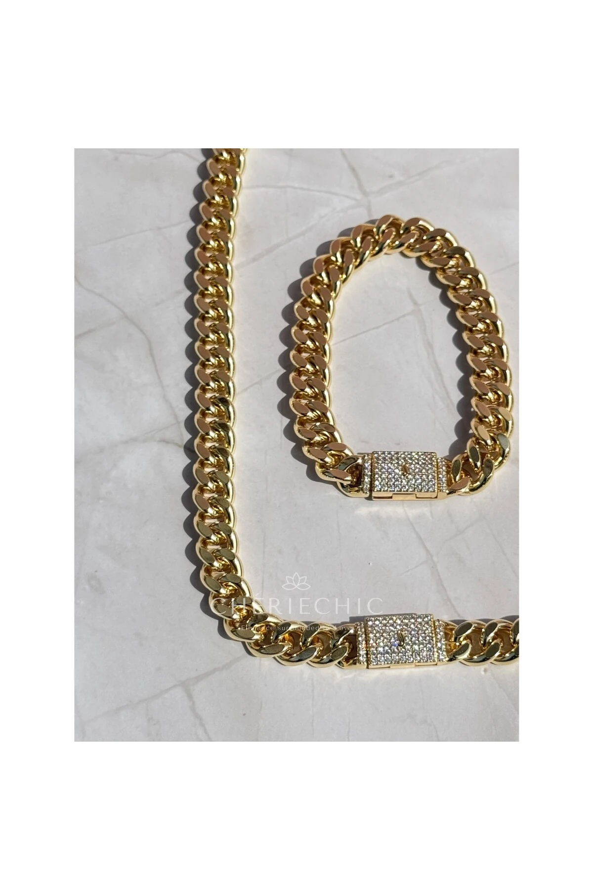 Swarowski Full Zirkon Taş Kemerli Kalın Zincir Bileklik & Kolye Set