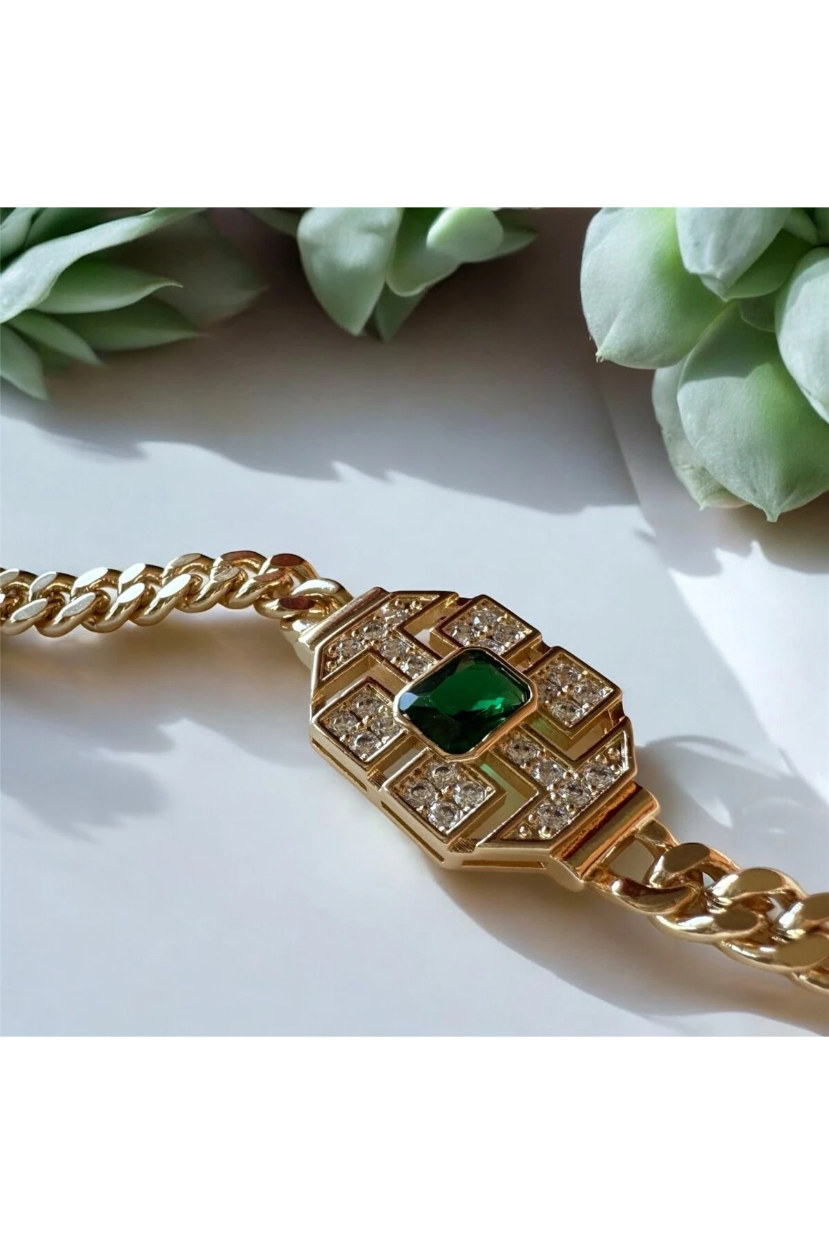 Zümrüt Tek Taşlı Kalın Zincir Bileklik