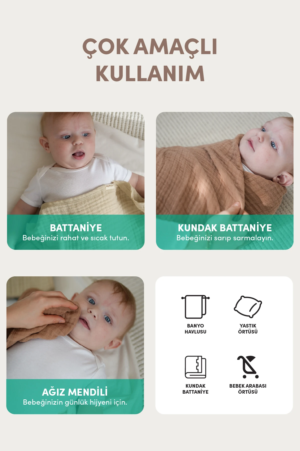 Minuche Müslin Bebek Kundak Örtüsü 120X120 cm - %100 Pamuk 4 Kat Müslin Bebek Battaniye