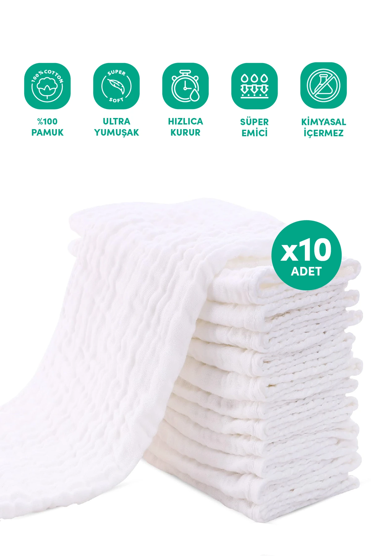 Minuche 10'lu Müslin Bebek Ağız Mendili 25X50 cm - 4 Katlı Ultra Yumuşak %100 Pamuk Müslin Bez