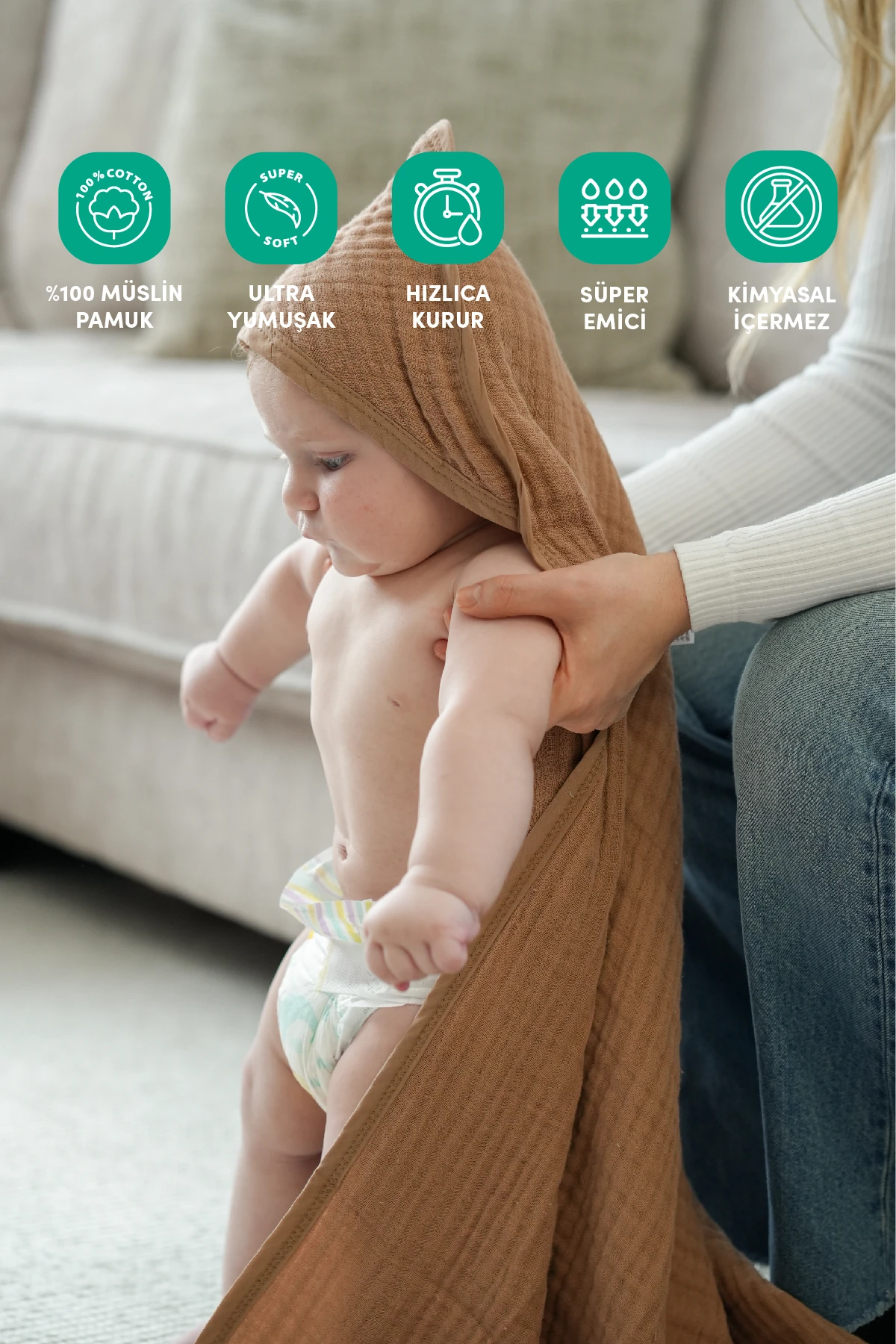 Minuche %100 Müslin Pamuklu Havlu Kundak - 80X80 cm Bebek Banyo Havlusu - Ultra Yumuşak ve Emici