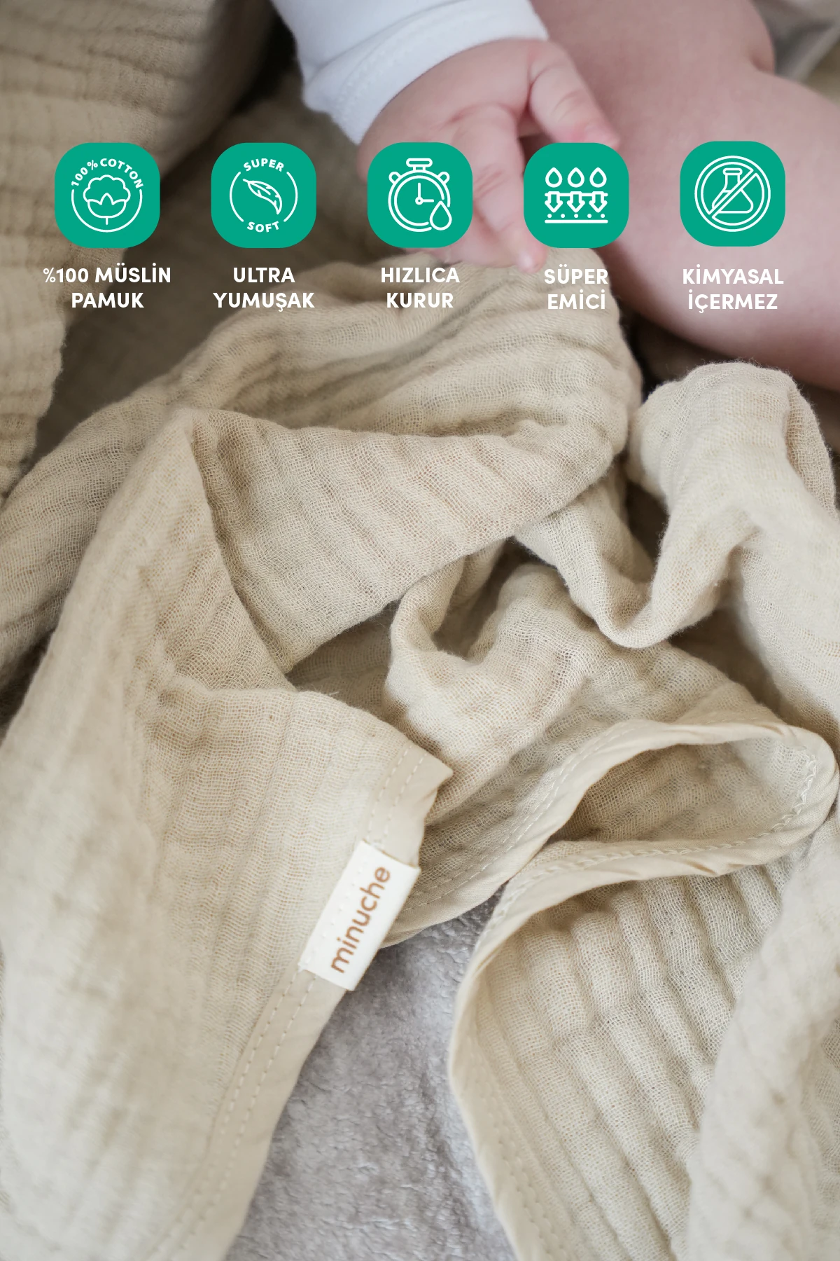 Minuche Müslin Bebek Kundak Örtüsü 120X120 cm - %100 Pamuk 4 Kat Müslin Bebek Battaniye