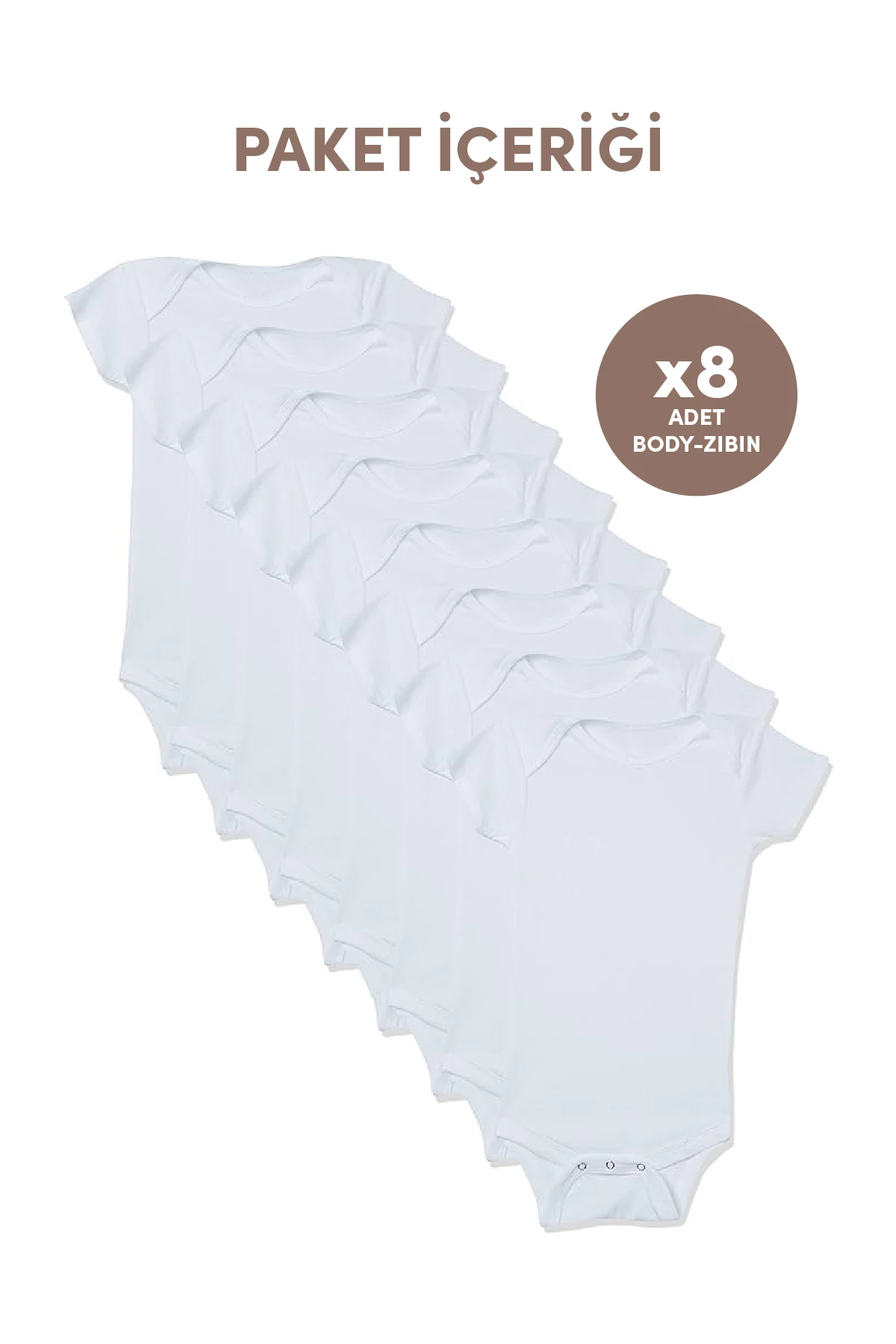 Minuche %100 Pamuk 8'li Bebek Body - Kısa Kollu ve Çıtçıtlı Beyaz Zıbın