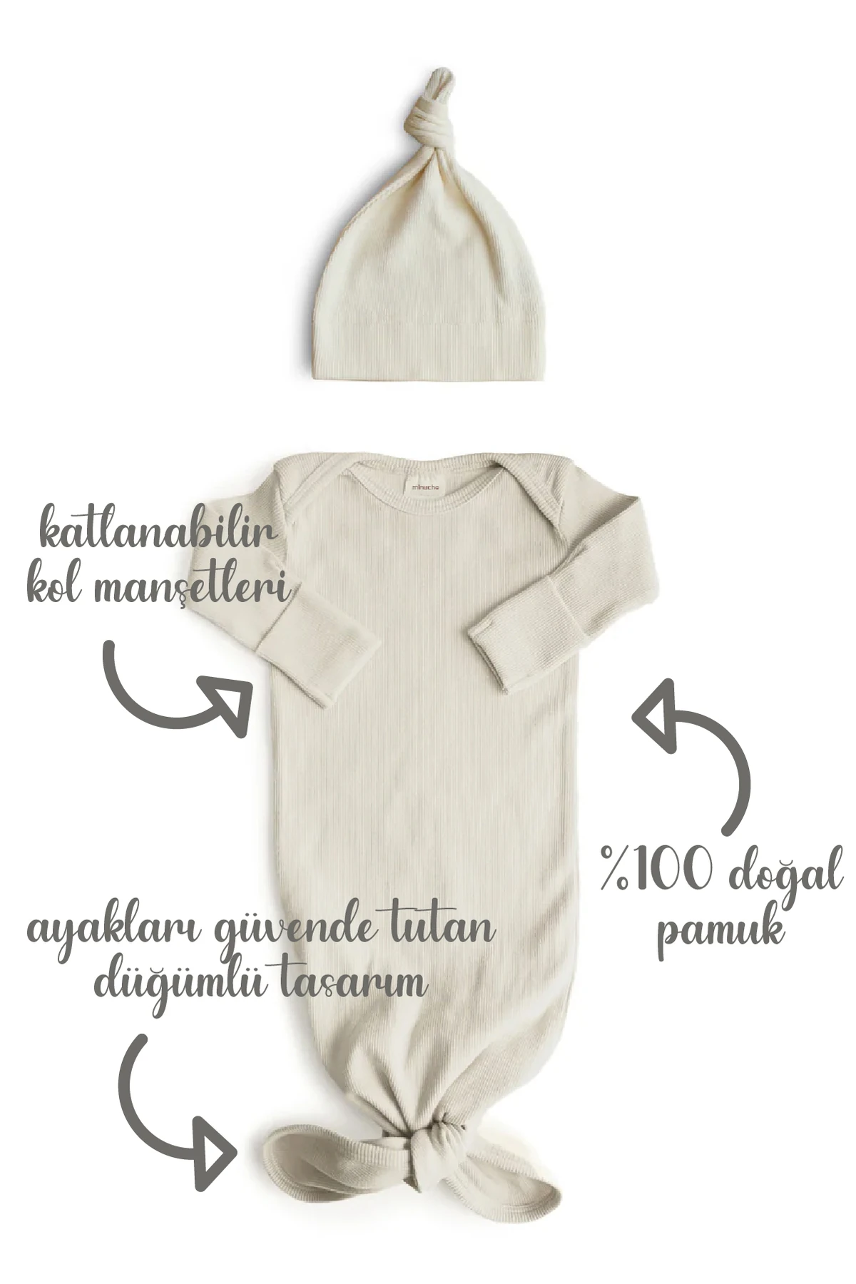 Minuche Fitilli ve Alttan Bağlamalı Bebek Body ve Bere Takım %100 Pamuk - Kolay Alt Açma Tasarımı