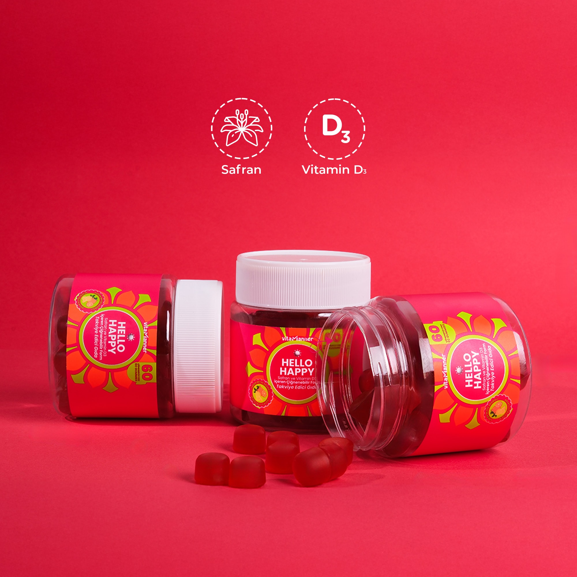  Hello Happy Safran ve Vitamin D3 İçeren Çiğnenebilir Takviye Edici Gıda 60 Gummies
