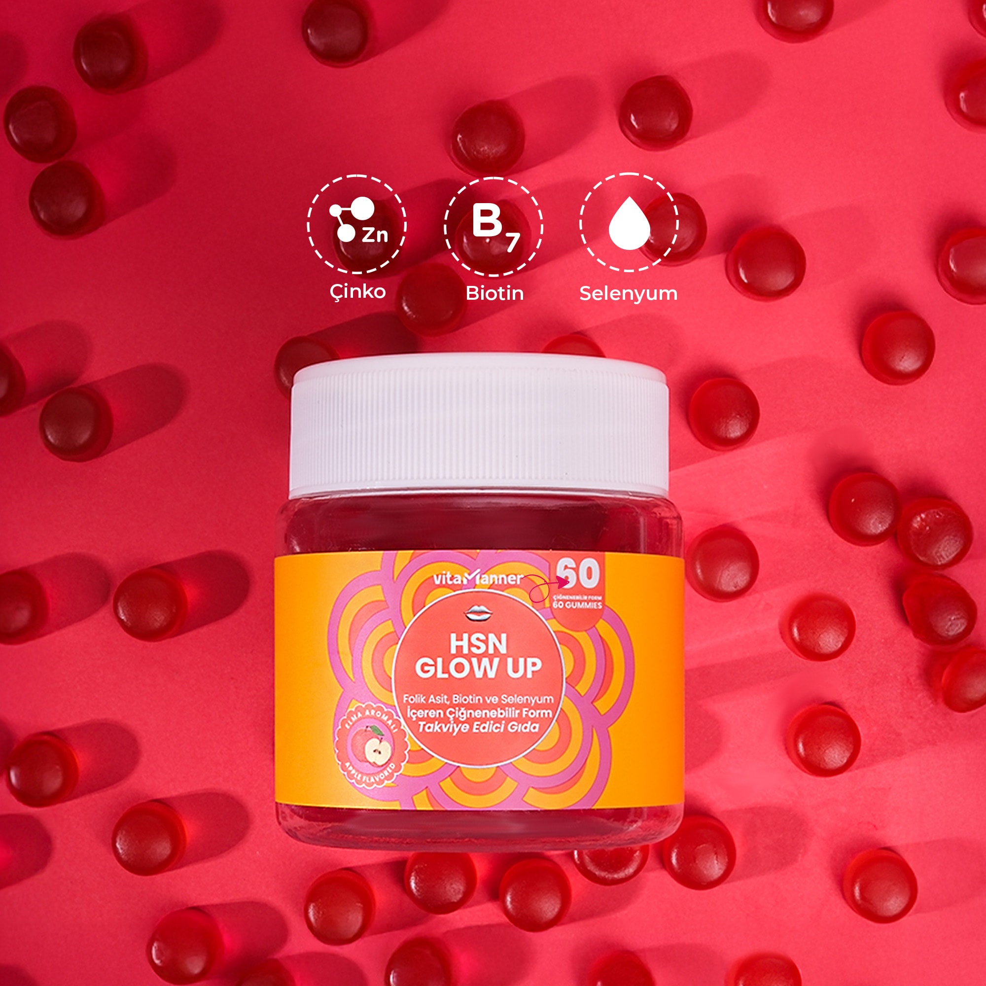 HSN GLOW UP | Folik Asit, Biotin ve Selenyum İçeren Çiğnenebilir Takviye Edici Gıda (60 Gummies)