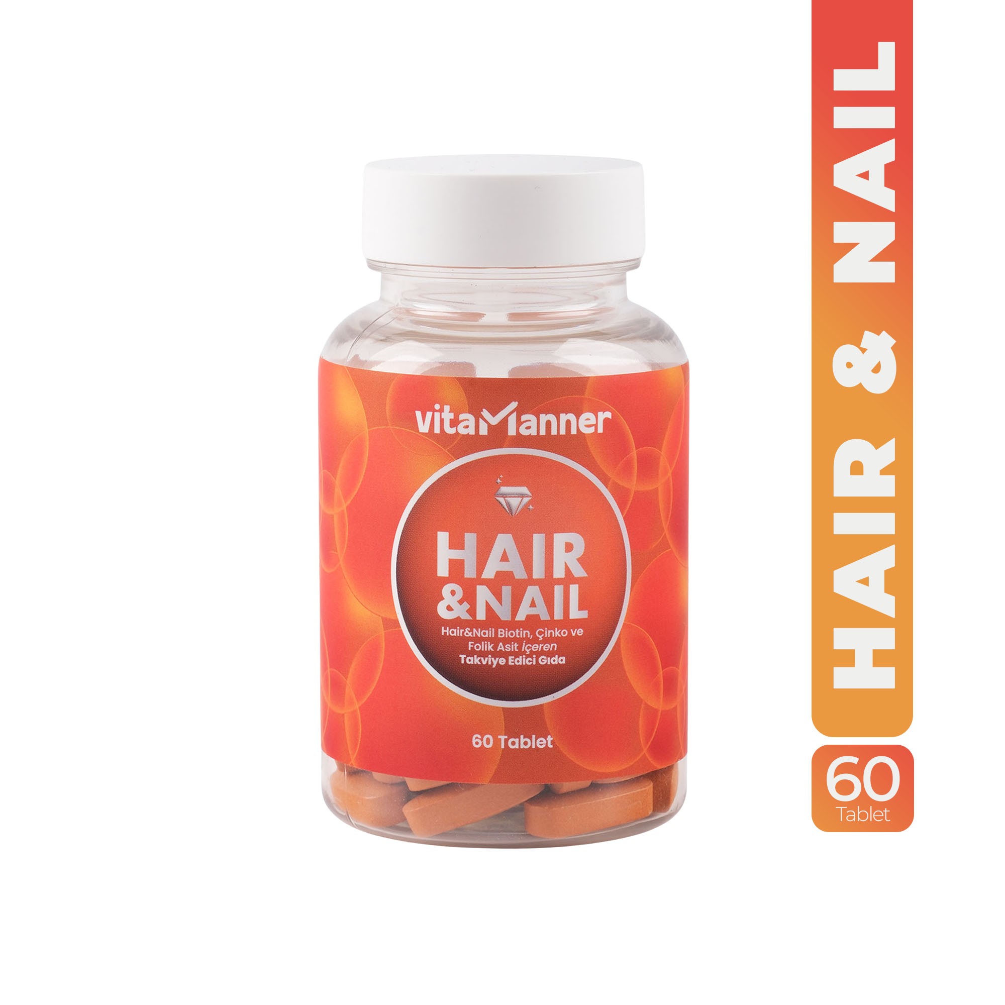 Hair&Nail, Biotin, Çinko, Folik Asit ve Vitamin Kompleksi ile Takviye Edici Gıda 60 Tablet