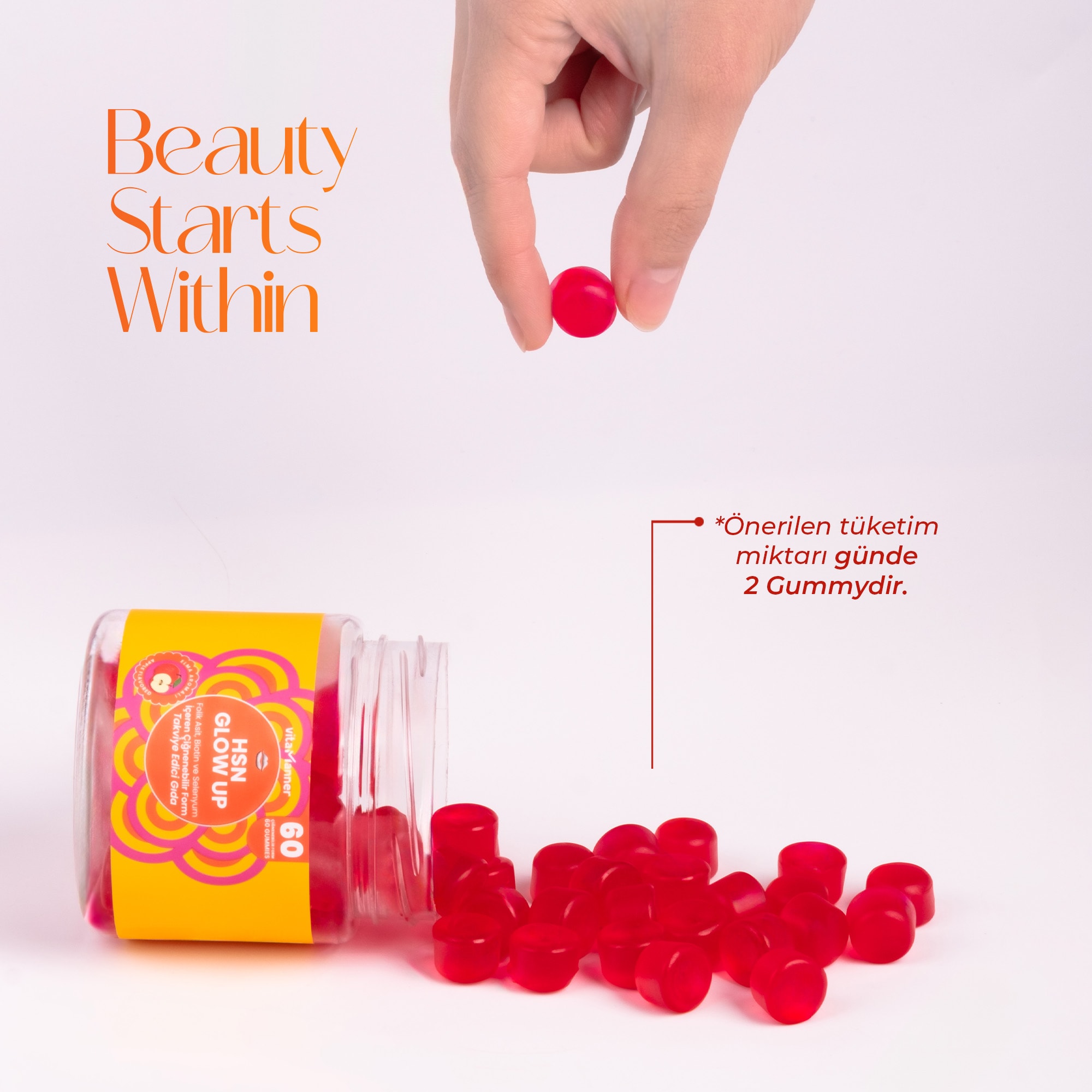 HSN GLOW UP | Folik Asit, Biotin ve Selenyum İçeren Çiğnenebilir Takviye Edici Gıda (60 Gummies)