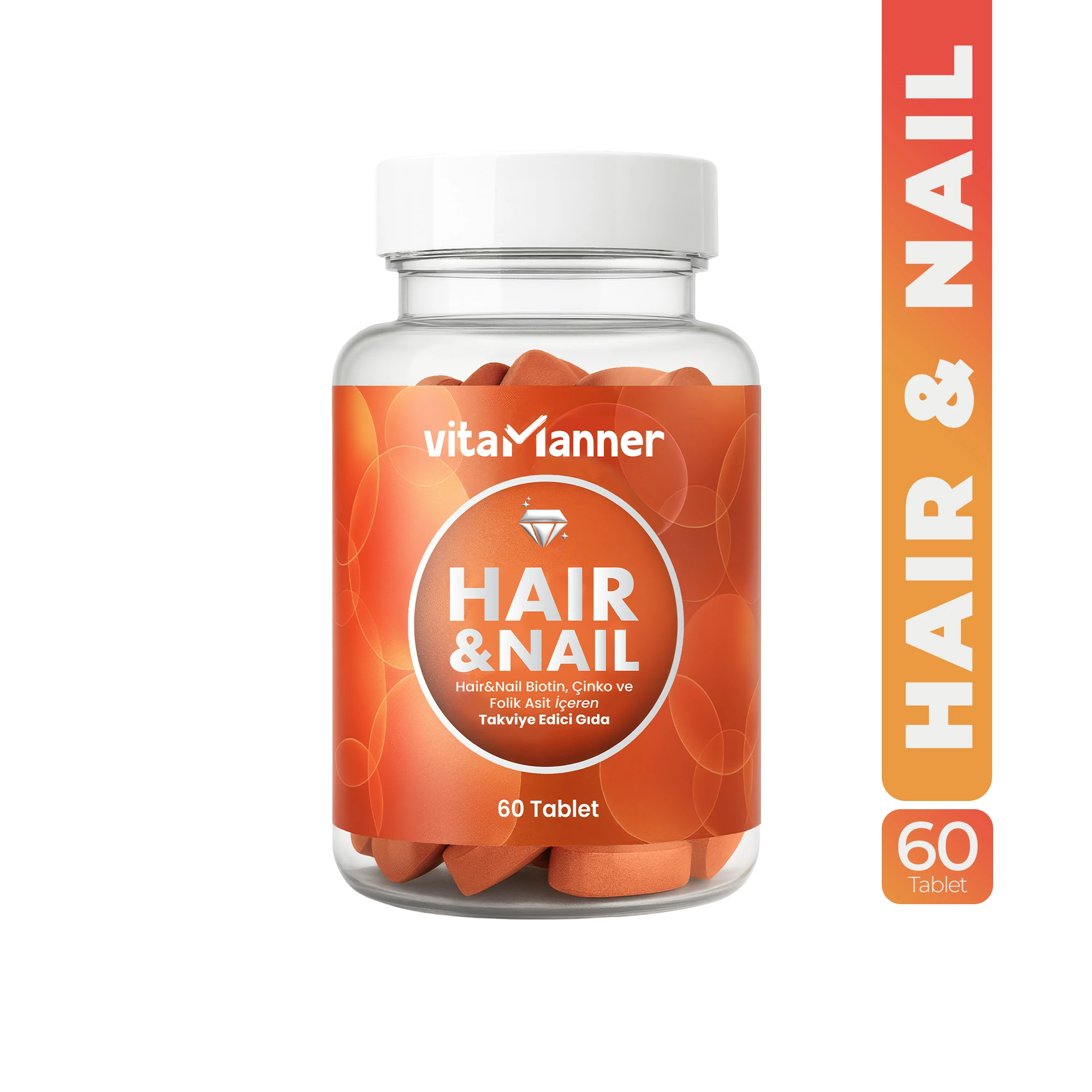 Hair&Nail, Biotin, Çinko, Folik Asit ve Vitamin Kompleksi ile Takviye Edici Gıda 60 Tablet