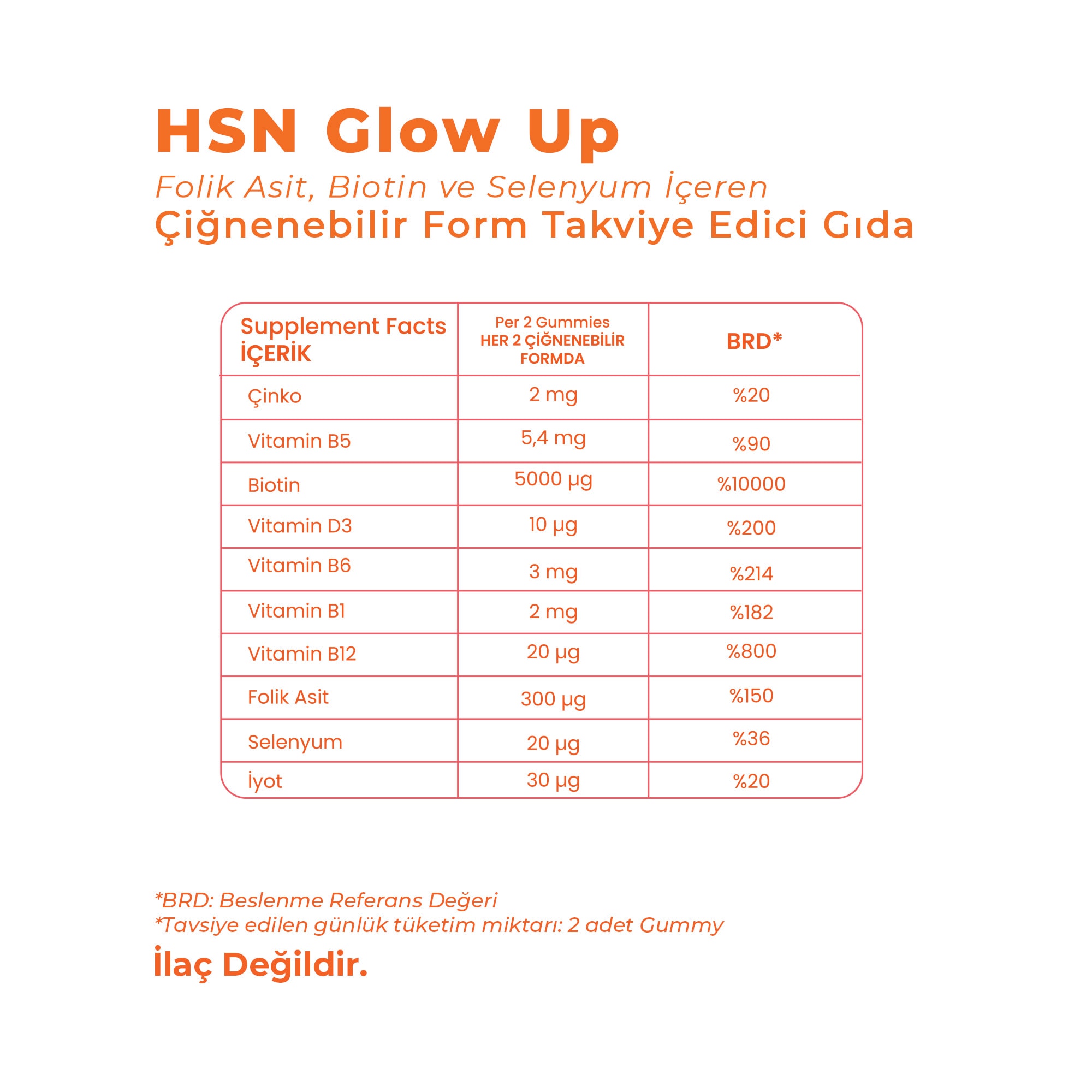 HSN GLOW UP | Folik Asit, Biotin ve Selenyum İçeren Çiğnenebilir Takviye Edici Gıda (60 Gummies)