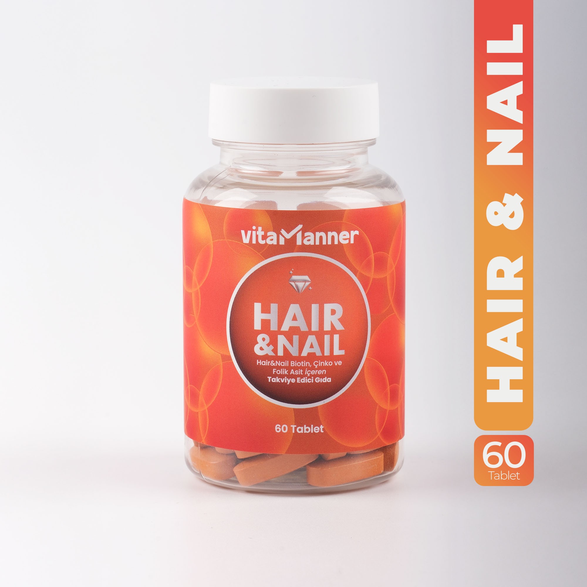 Hair&Nail, Biotin, Çinko, Folik Asit ve Vitamin Kompleksi ile Takviye Edici Gıda 60 Tablet
