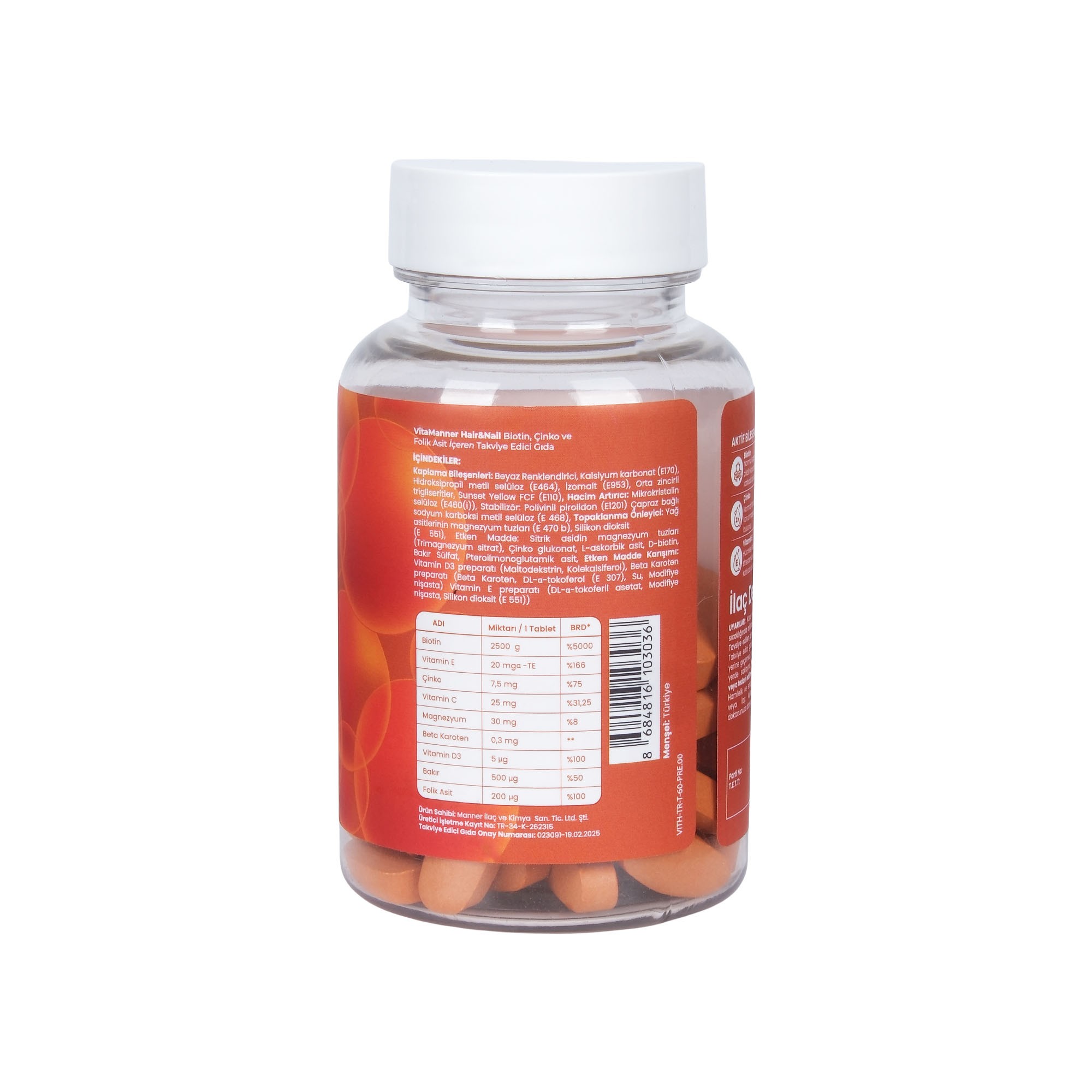 Hair&Nail, Biotin, Çinko, Folik Asit ve Vitamin Kompleksi ile Takviye Edici Gıda 60 Tablet