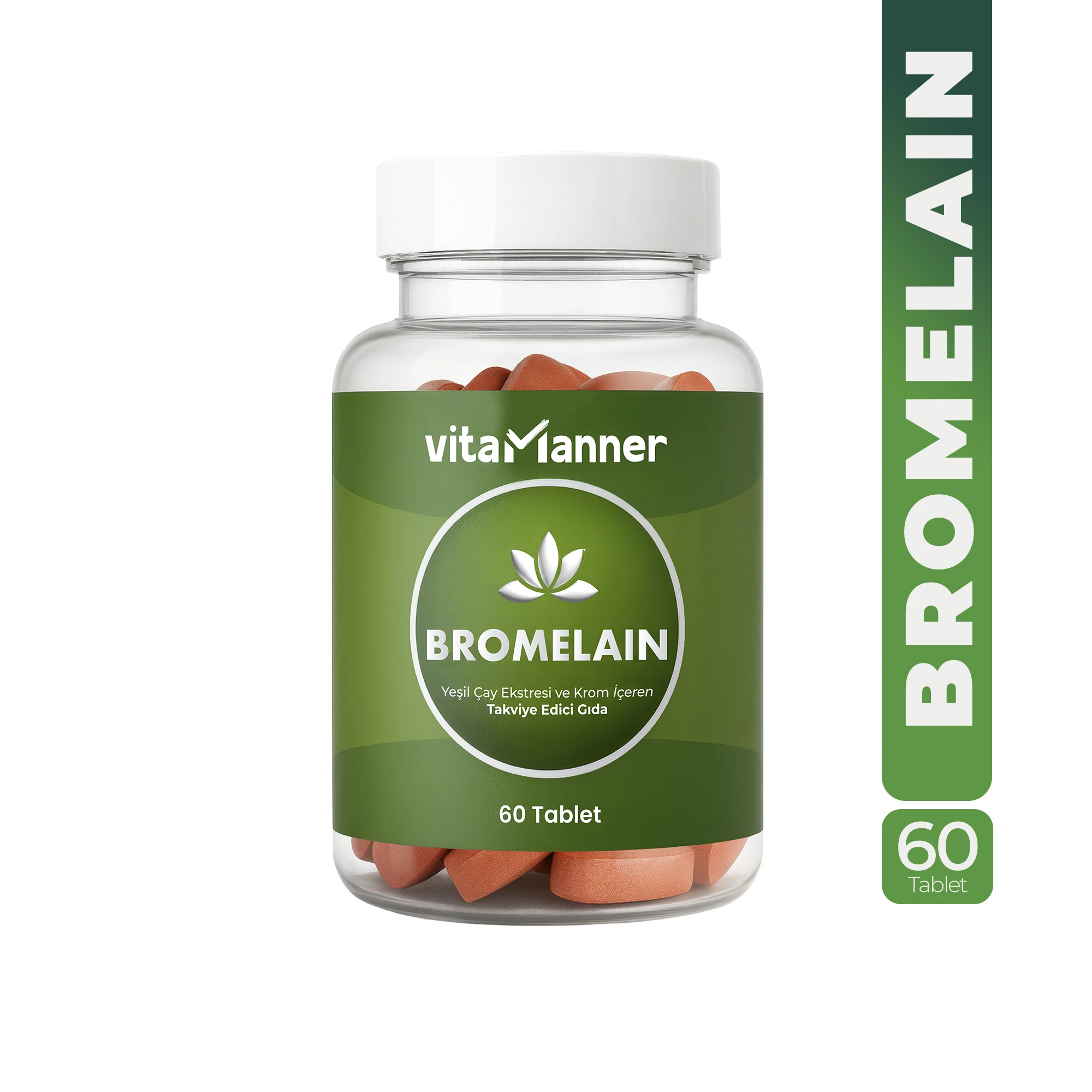 Bromelain, Yeşil Çay Ekstresi ve Krom İçeren Takviye Edici 60 Tablet