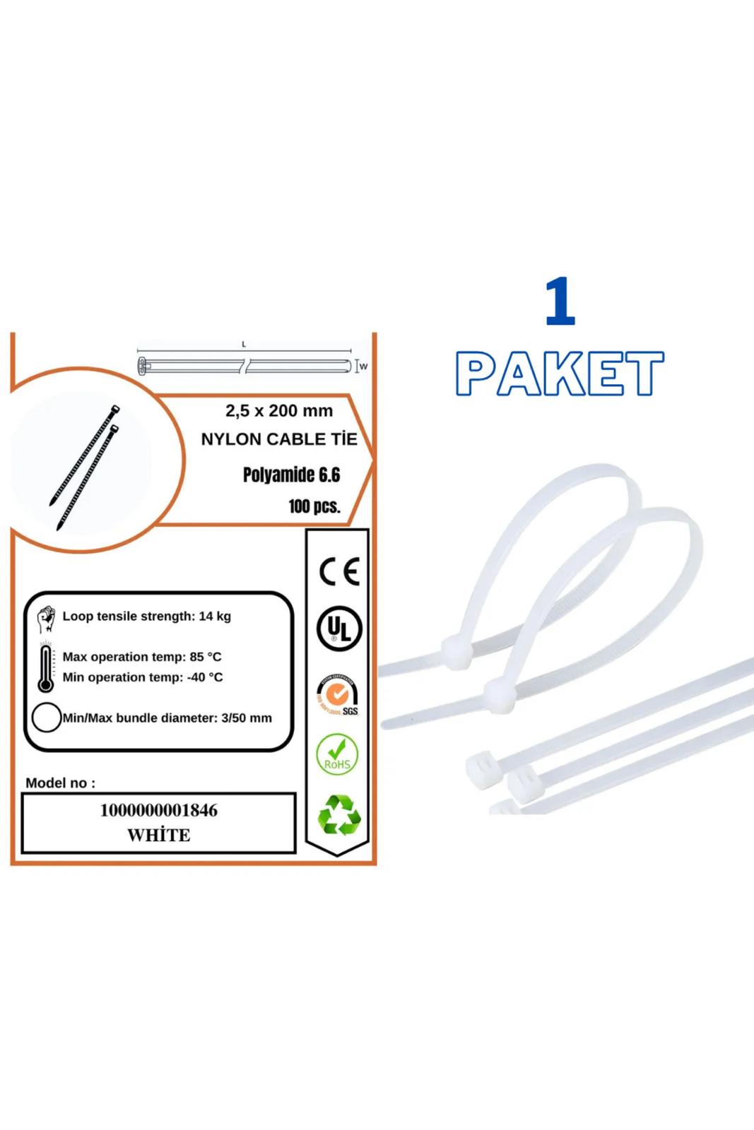 Plastik Kablo Bağı Kelepçesi Cırt 2,5 X 200 mm (100 adet)