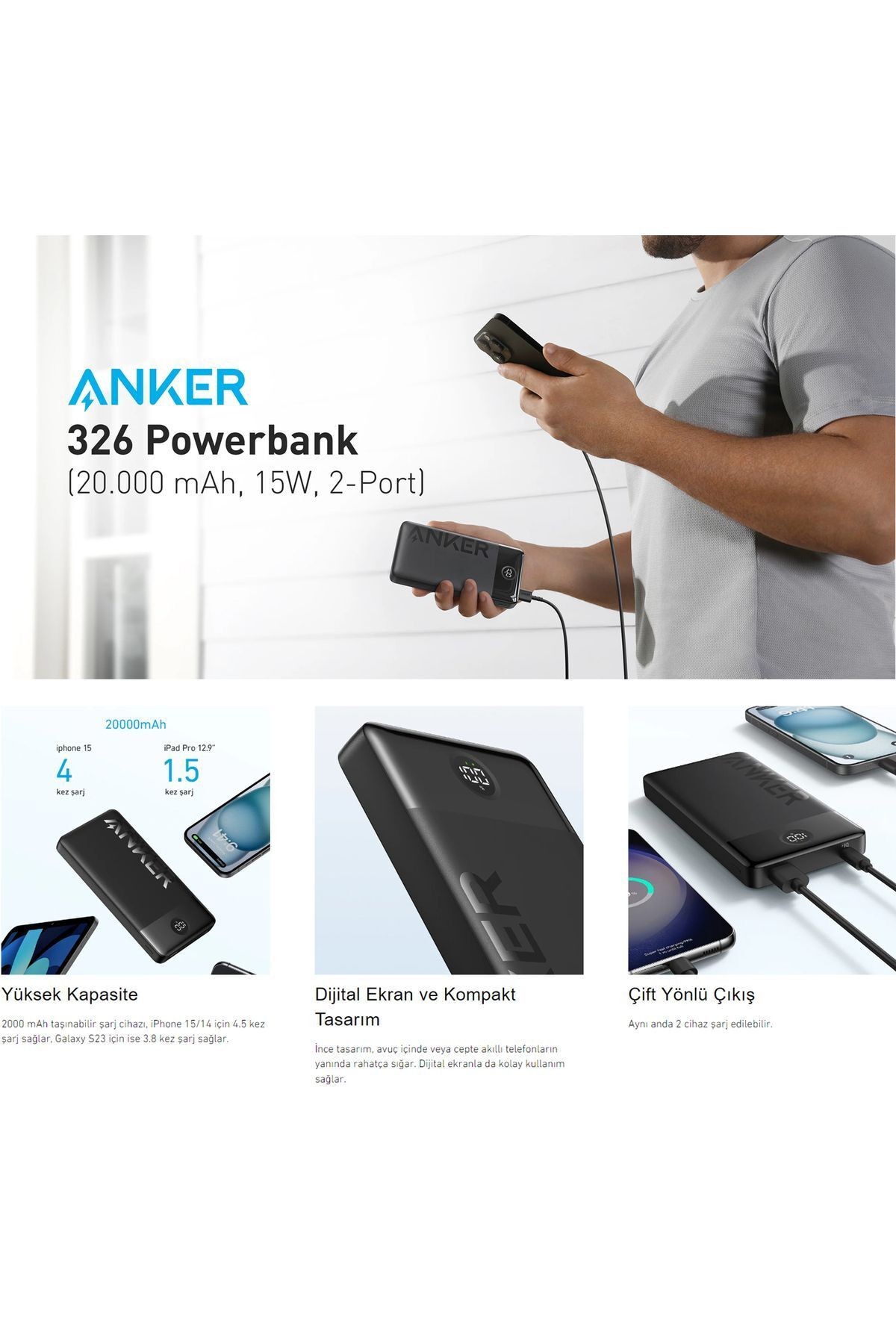 ANKER 326 20000 Mah Taşınabilir Hızlı Şarj Cihazı - Usb-c - 15w 2 Çıkışlı Powerbank - Siyah