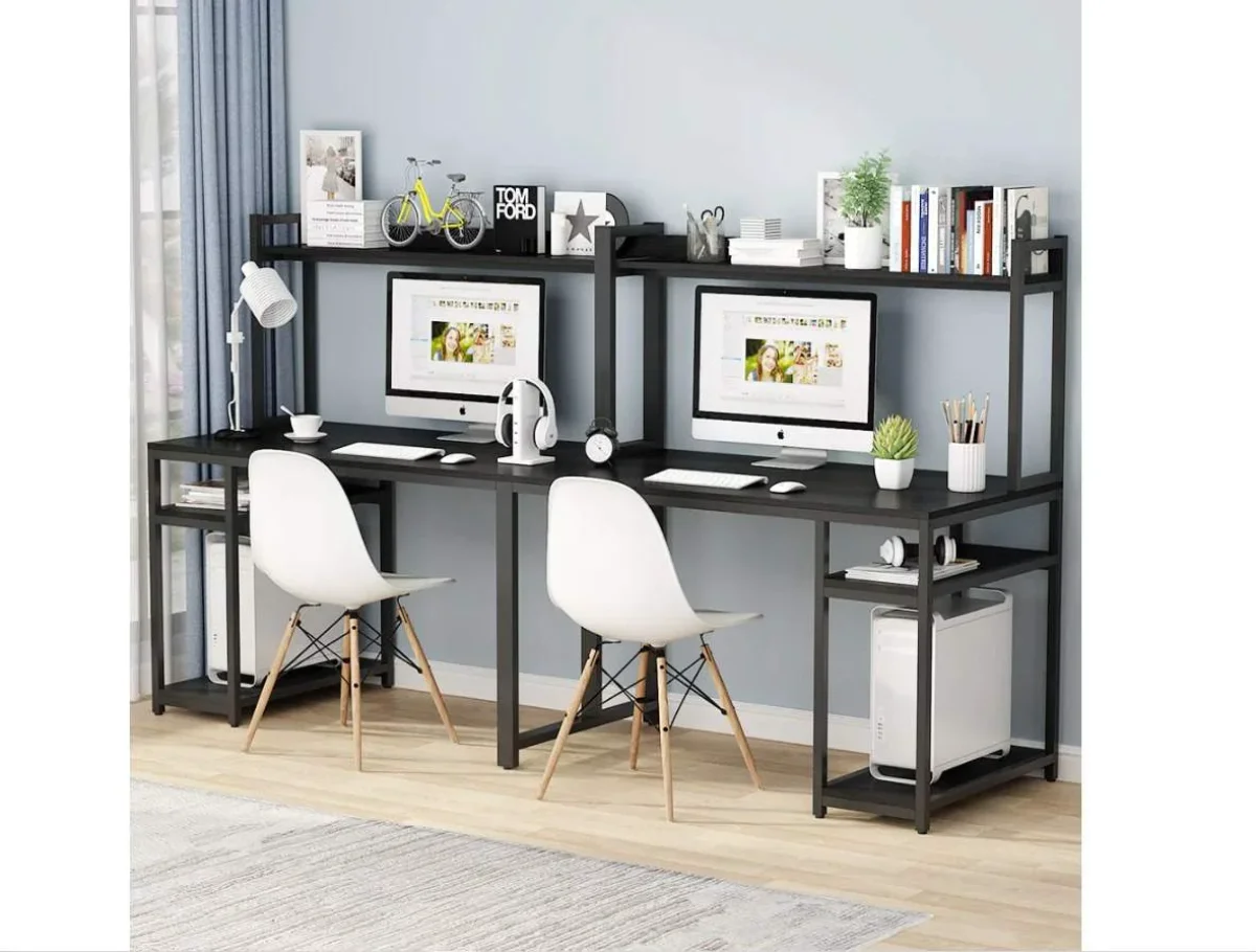 Zizuva Toronto 2 Kişilik Raflı Ergonomik Siyah Çalışma Masası