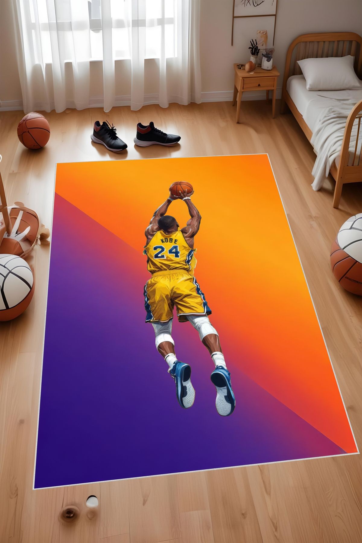 Dijital Baskı Mor Sarı KOBE Formalı Basketbolcu Makinada Yıkanabilir Genç Odası ve Salon Halısı