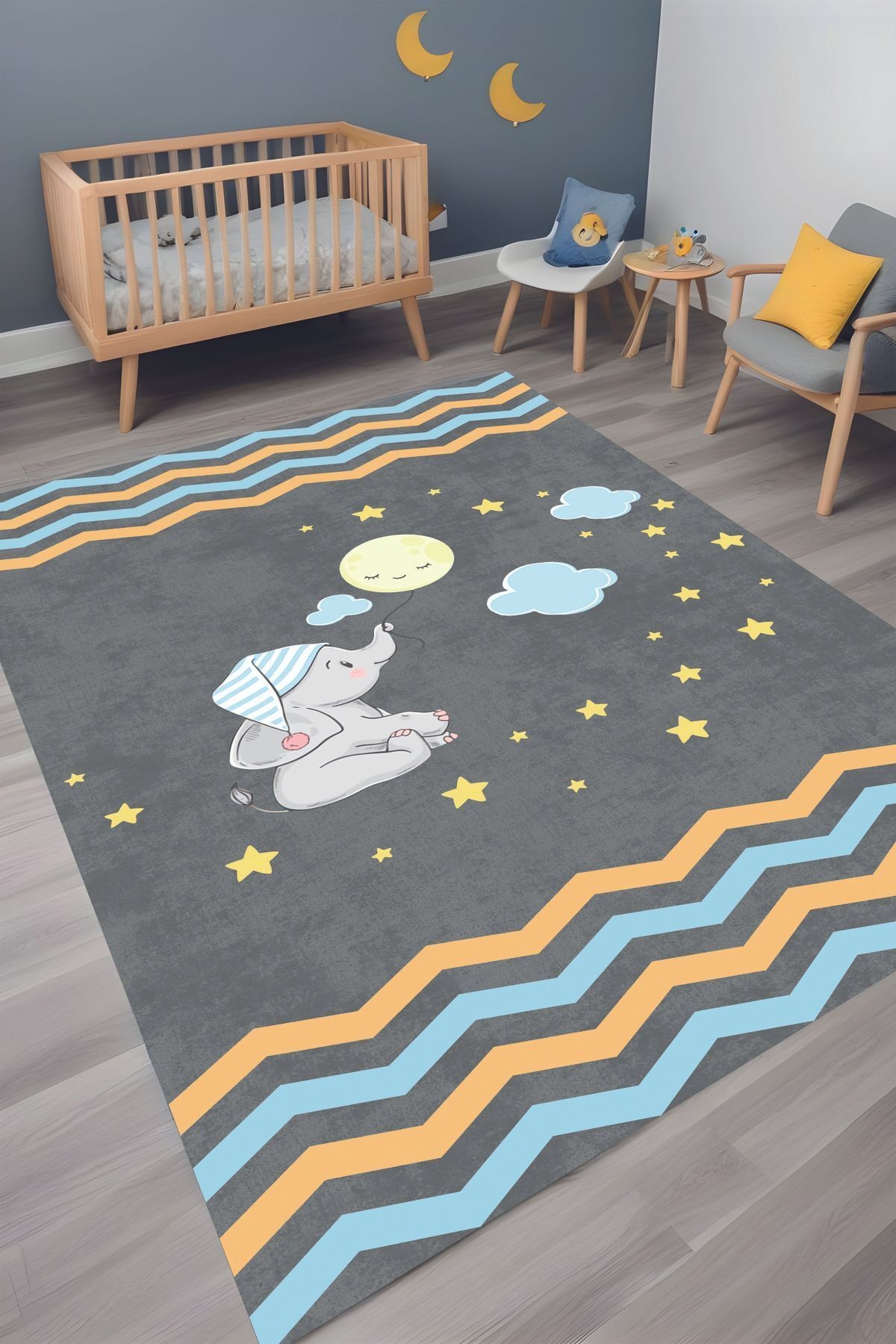 Dijital Baskı Grili Fil ve Gece Temalı Dekoratif Makinada Yıkanabilir Bebek ve Çocuk Halı