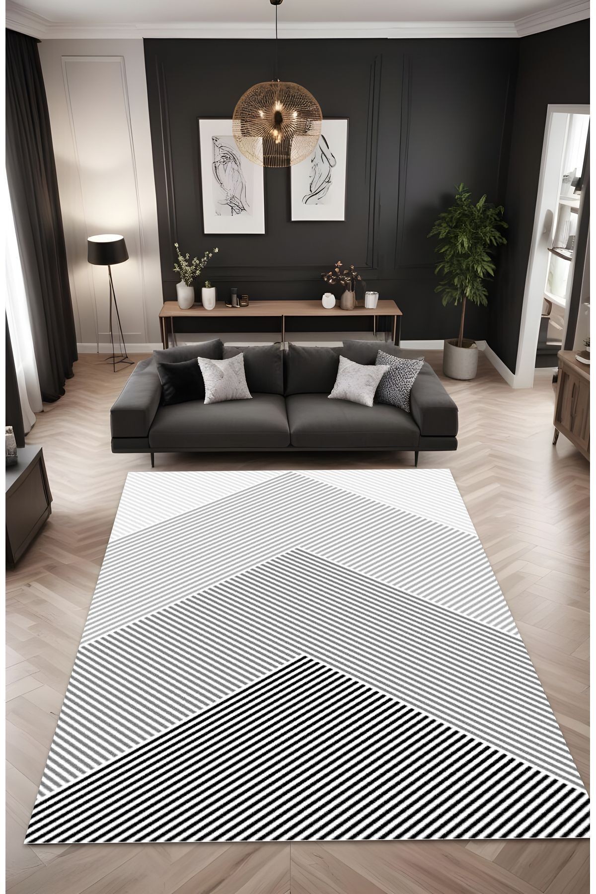 Dijital Baskı Simetrik Çizgili Modern Dekoratif Makinada Yıkanabilir Salon Halısı Yolluk Halısı