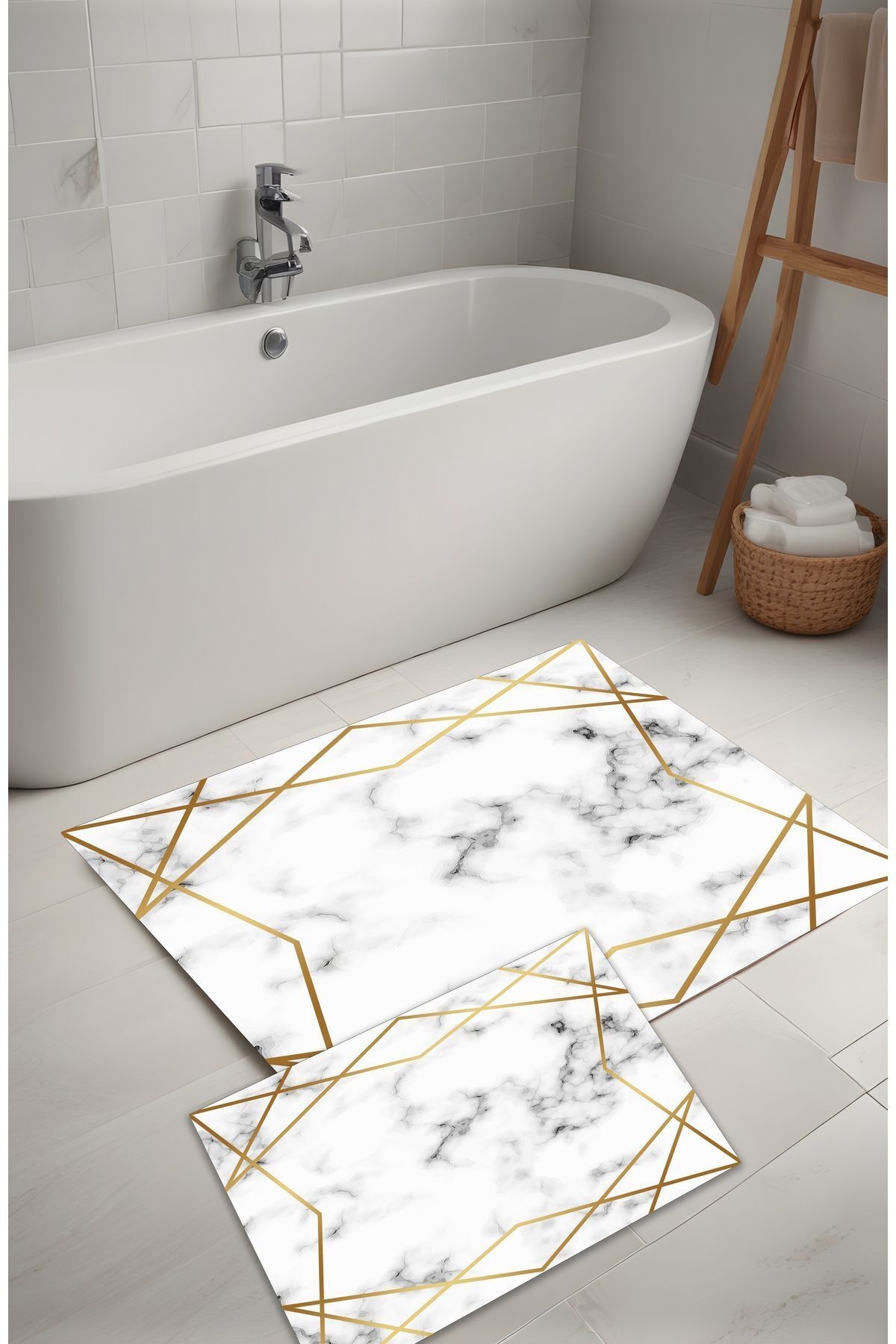 Dijital Baskı Mermer Zikzak Desen Modern Banyo Halısı İkili Banyo Paspası (40cmx60cm)ve(60cmx100cm)