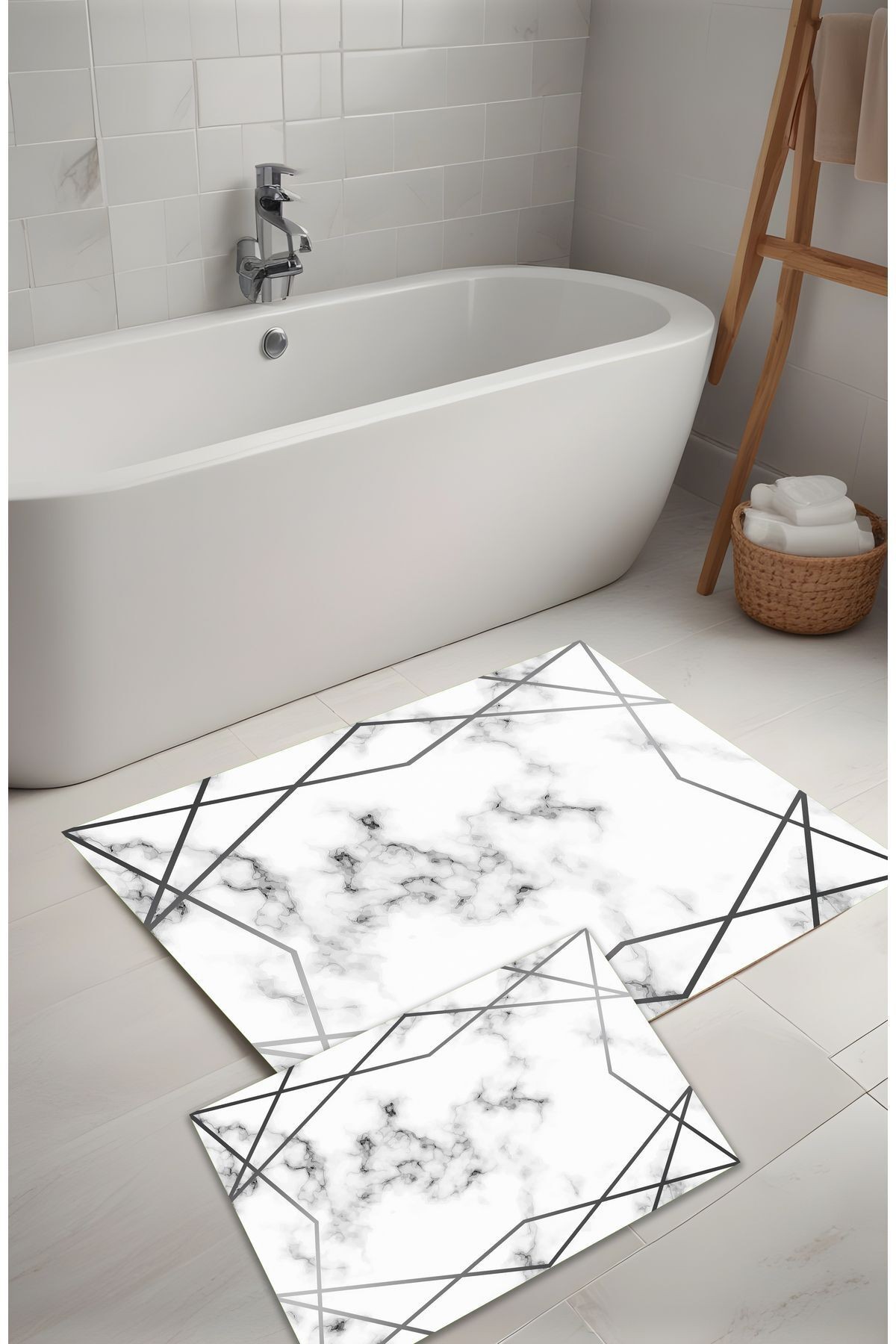 Dijital Baskı Mermer Zikzak Desen Modern Banyo Halısı İkili Banyo Paspası (40cmx60cm)ve(60cmx100cm)