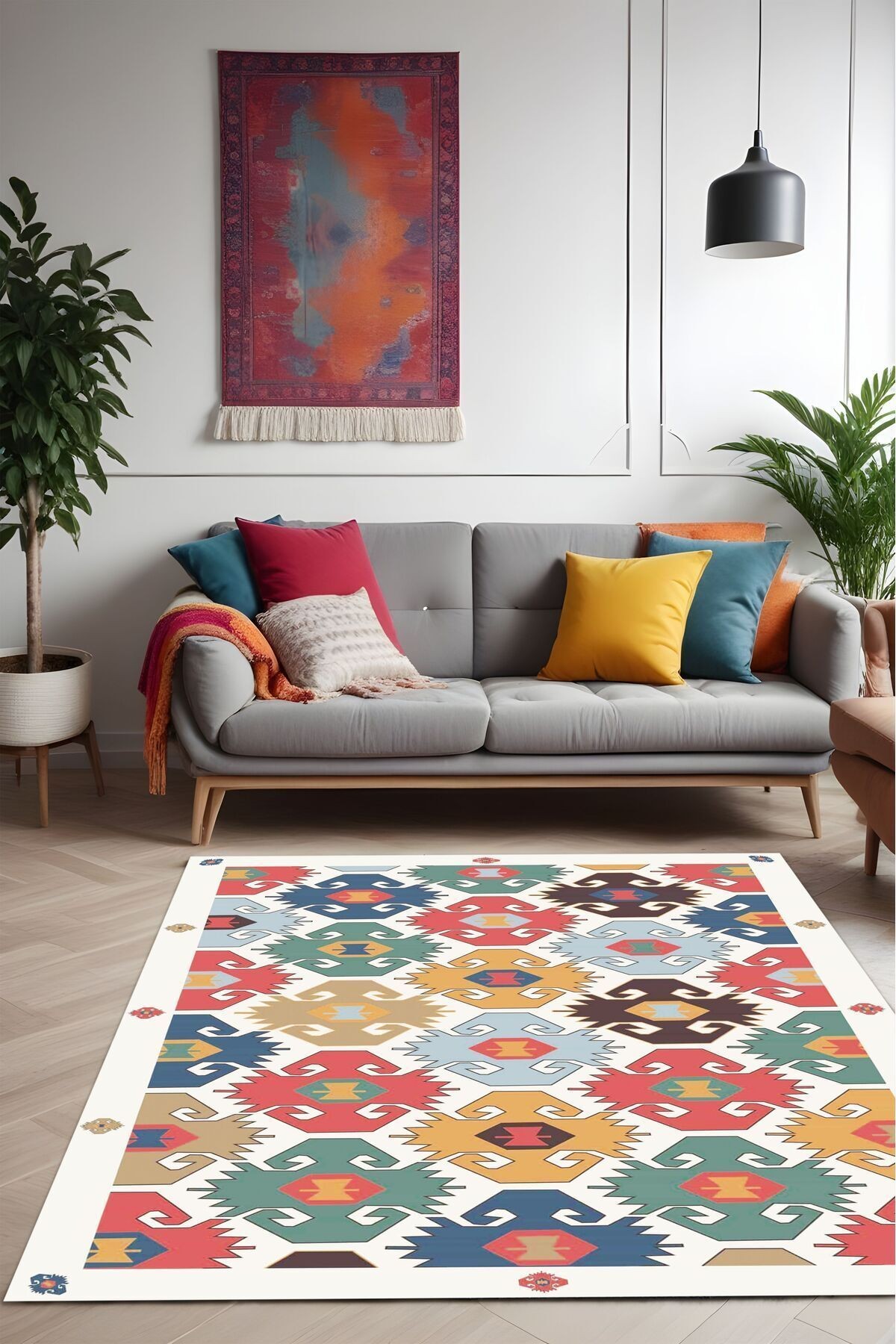 Dijital Baskı Renkli Otantik Kilim Desen Dekoratif Makinada Yıkanabilir Salon Koridor Yolluk Halısı