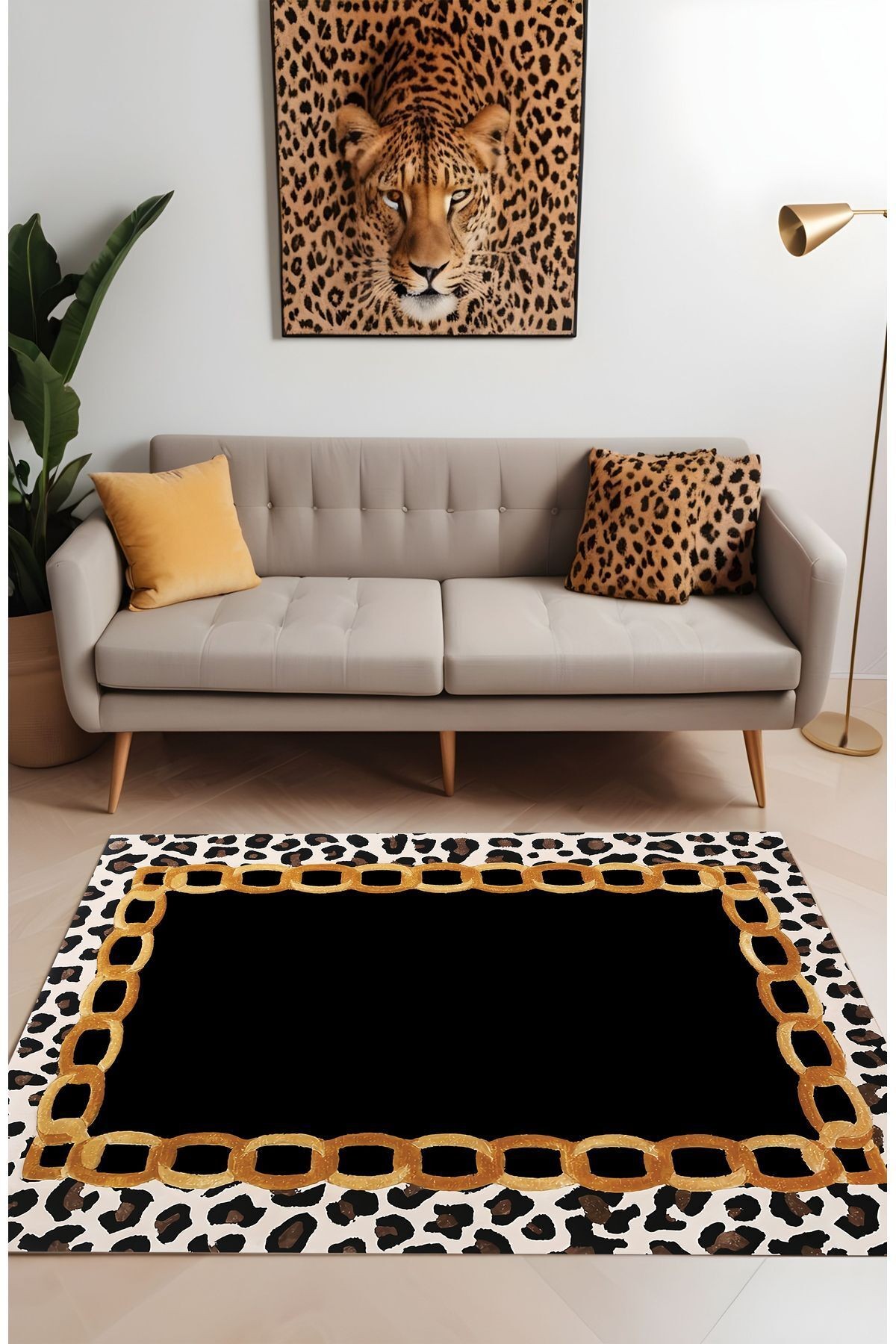 Dijital Baskı Leopar Zincir Desen Dekoratif Makinada Yıkanabilir Salon Yatak Odası ve Yolluk Halısı