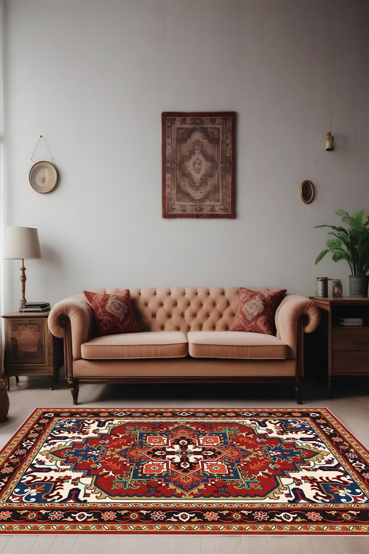 Dijital Baskı Klasik Desenli Çerçeveli Dekoratif Makinada Yıkanabilir Salon ve Yolluk Halısı