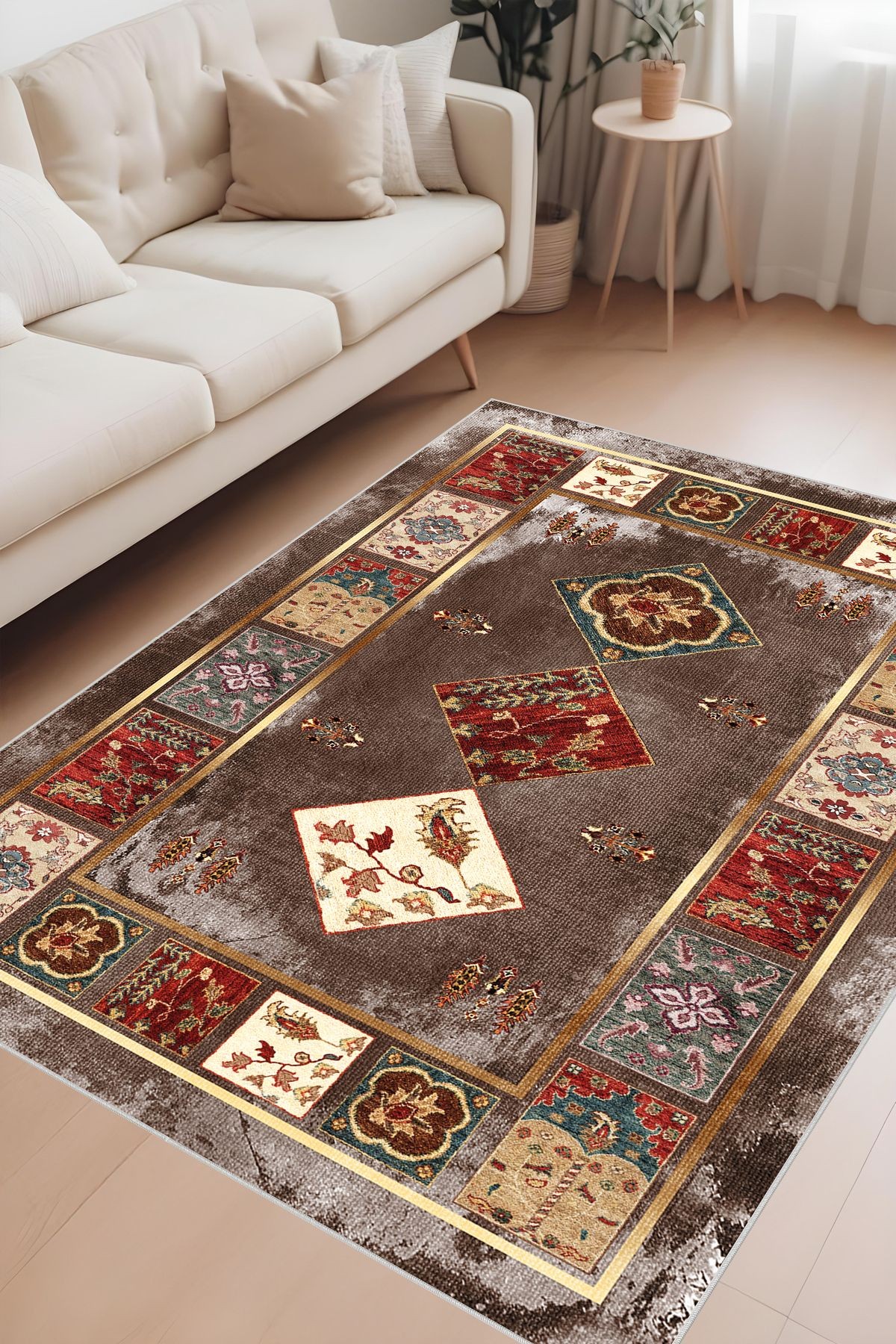 Dijital Baskı Klasik Desenli Kilim Görünümlü Dekoratif Makinada Yıkanabilir Salon ve Yolluk Halısı