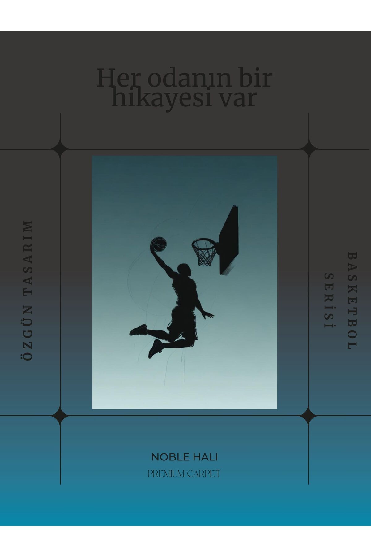 Dijital Baskı Turkuaz Beyaz Basketbol Temalı Makinada Yıkanabilir Genç Odası Salon ve Yolluk Halısı