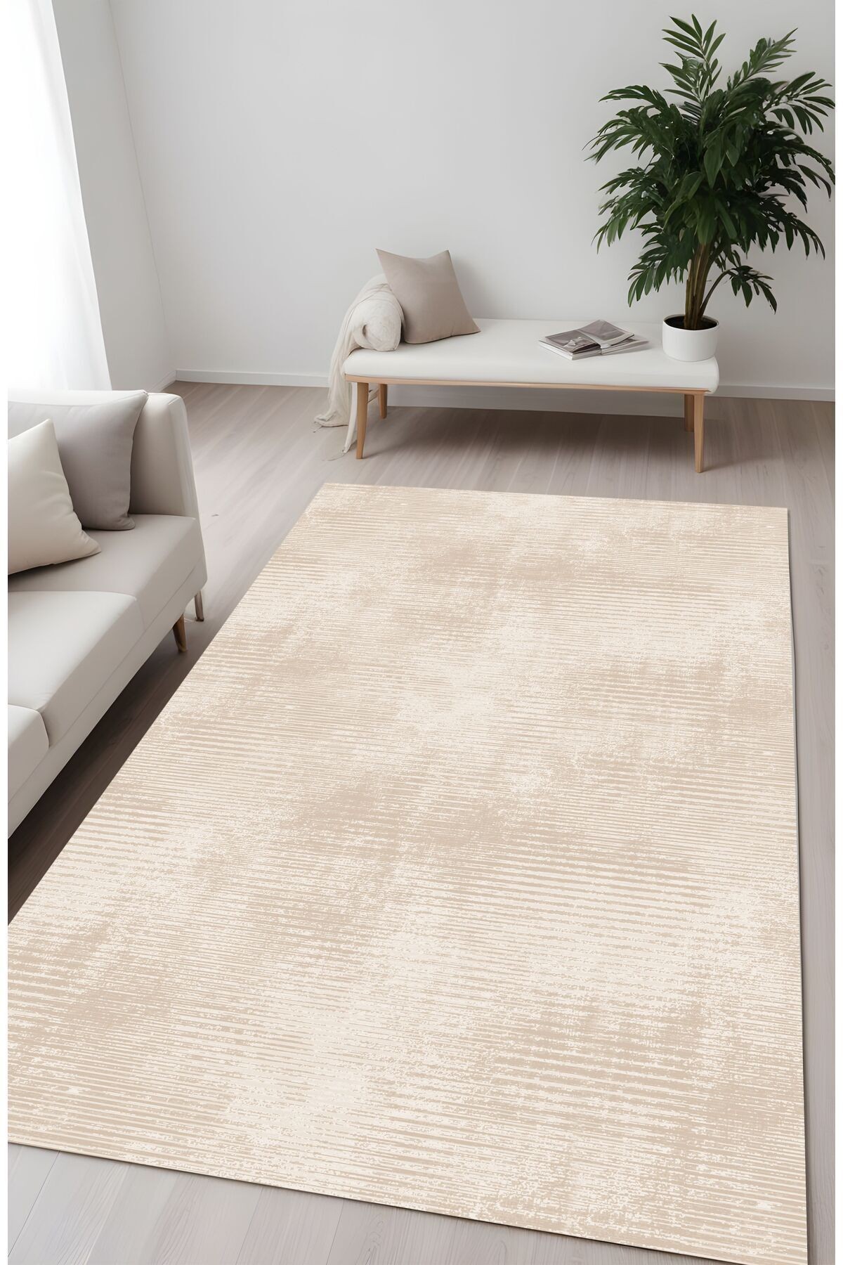 Dijital Baskı Modern Tarzda Şerit Desenli Bej Dekoratif Makinada Yıkanabilir Salon ve Yolluk Halısı