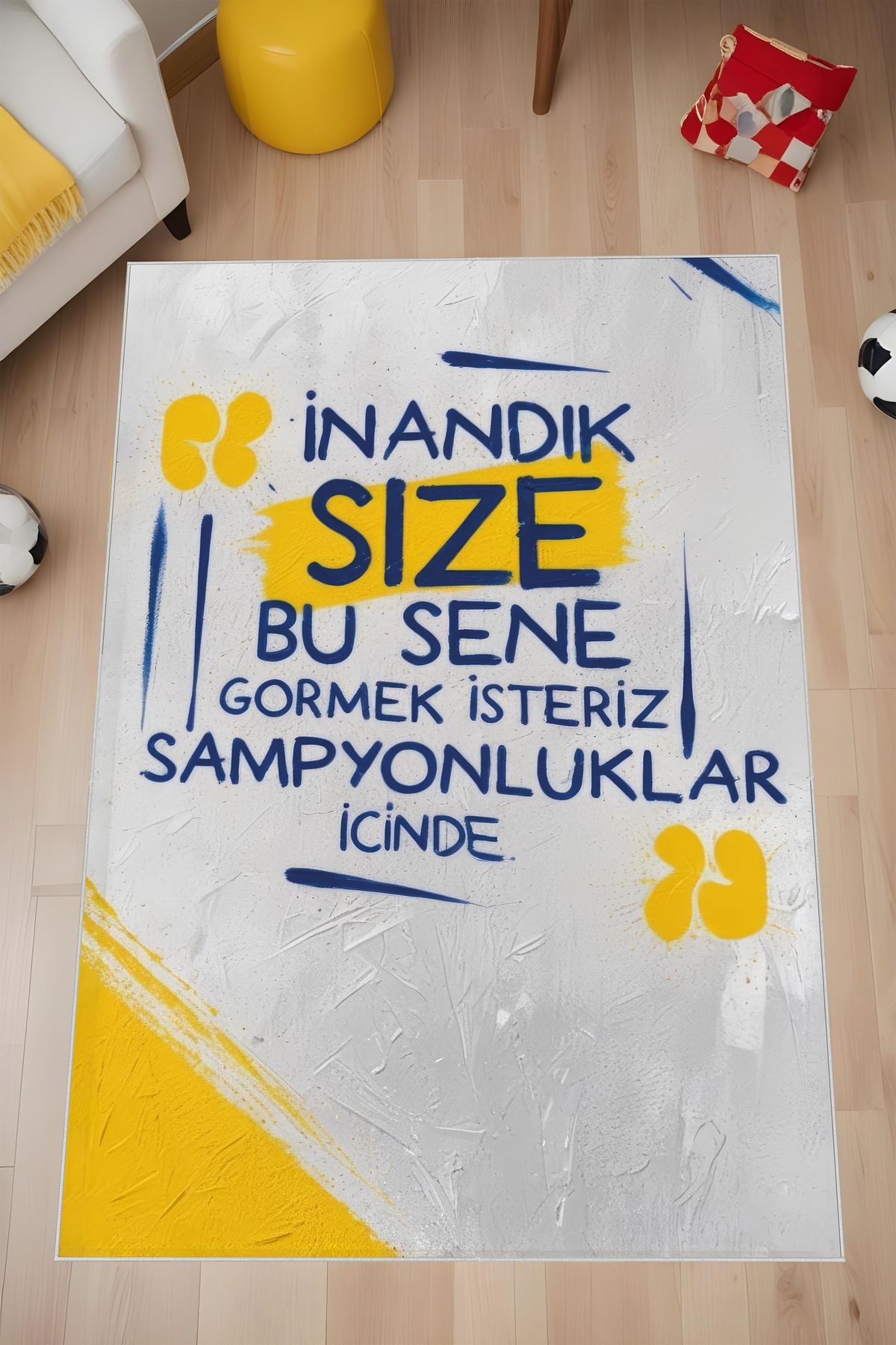 Dijital Baskı Sarı Lacivert 1907  Halısı Makinada Yıkanabilir Genç Çocuk Odası Halısı