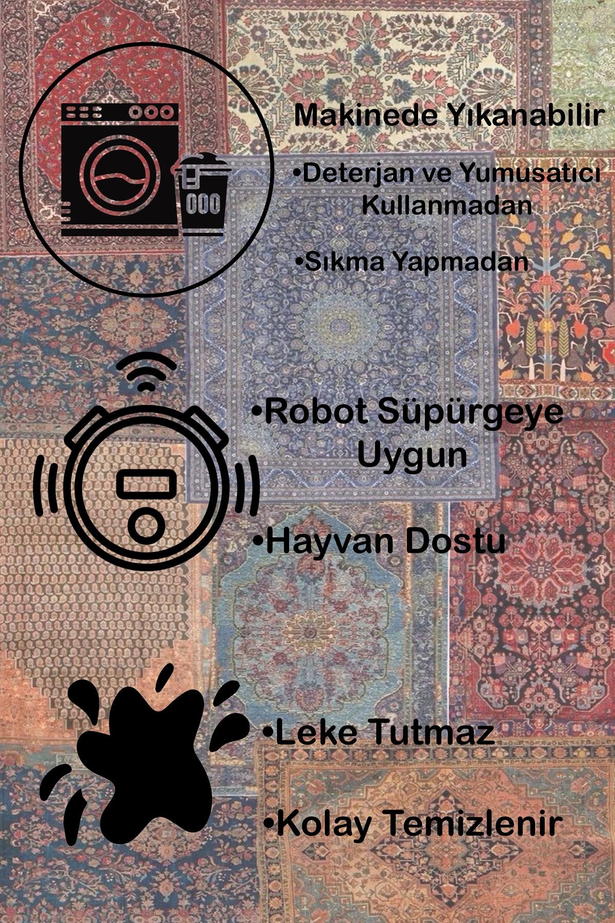 Dijital Baskı Klasik Desenli Kilim Görünümlü  Dekoratif Makinada Yıkanabilir Salon ve Yolluk Halısı