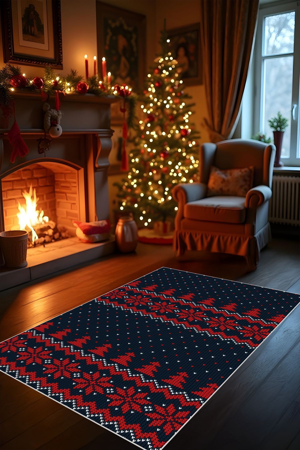 Yılbaşı Temalı Yeni Yıl Halısı Noel Halısı Christmas Parti Halısı Dijital Baskı Makinada Yıkanabilir