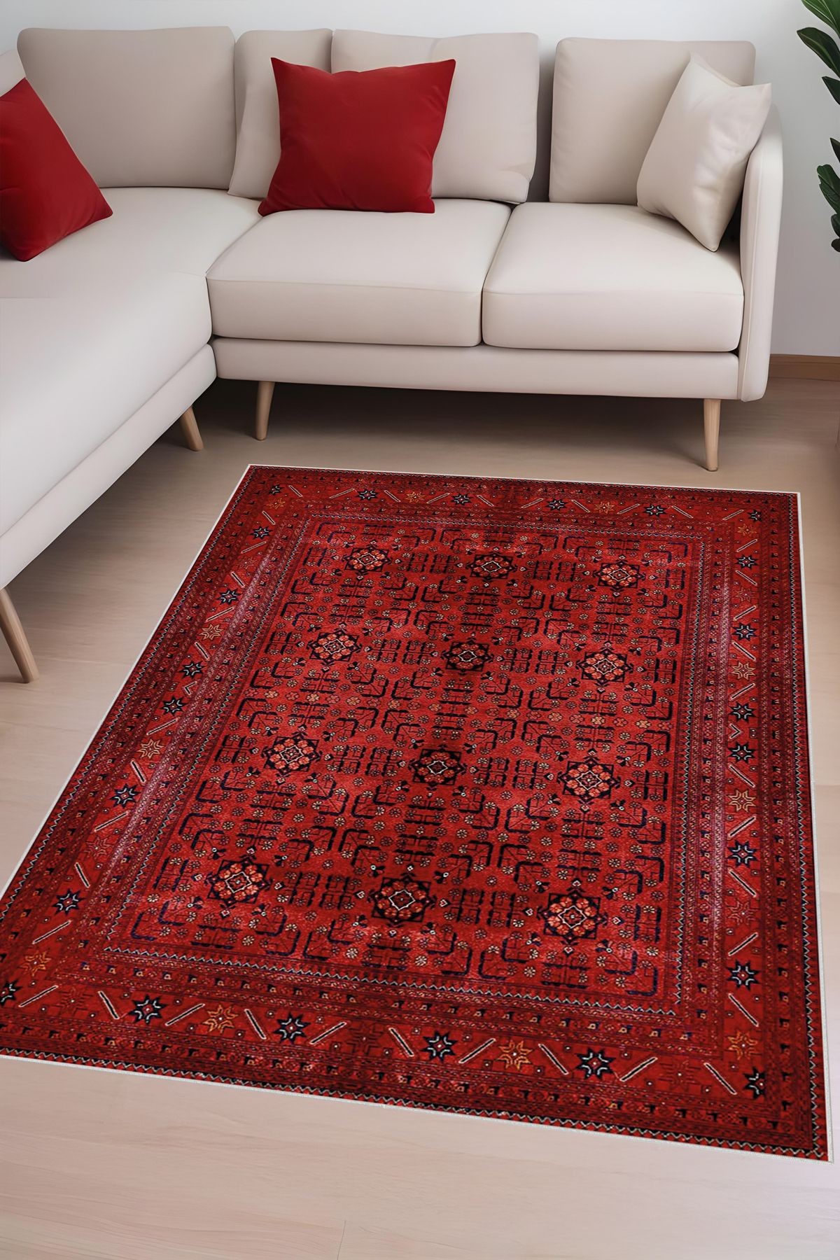 Dijital Baskı Klasik Desenli Kırmızı Çerçeveli Dekoratif Makinada Yıkanabilir Salon ve Yolluk Halısı