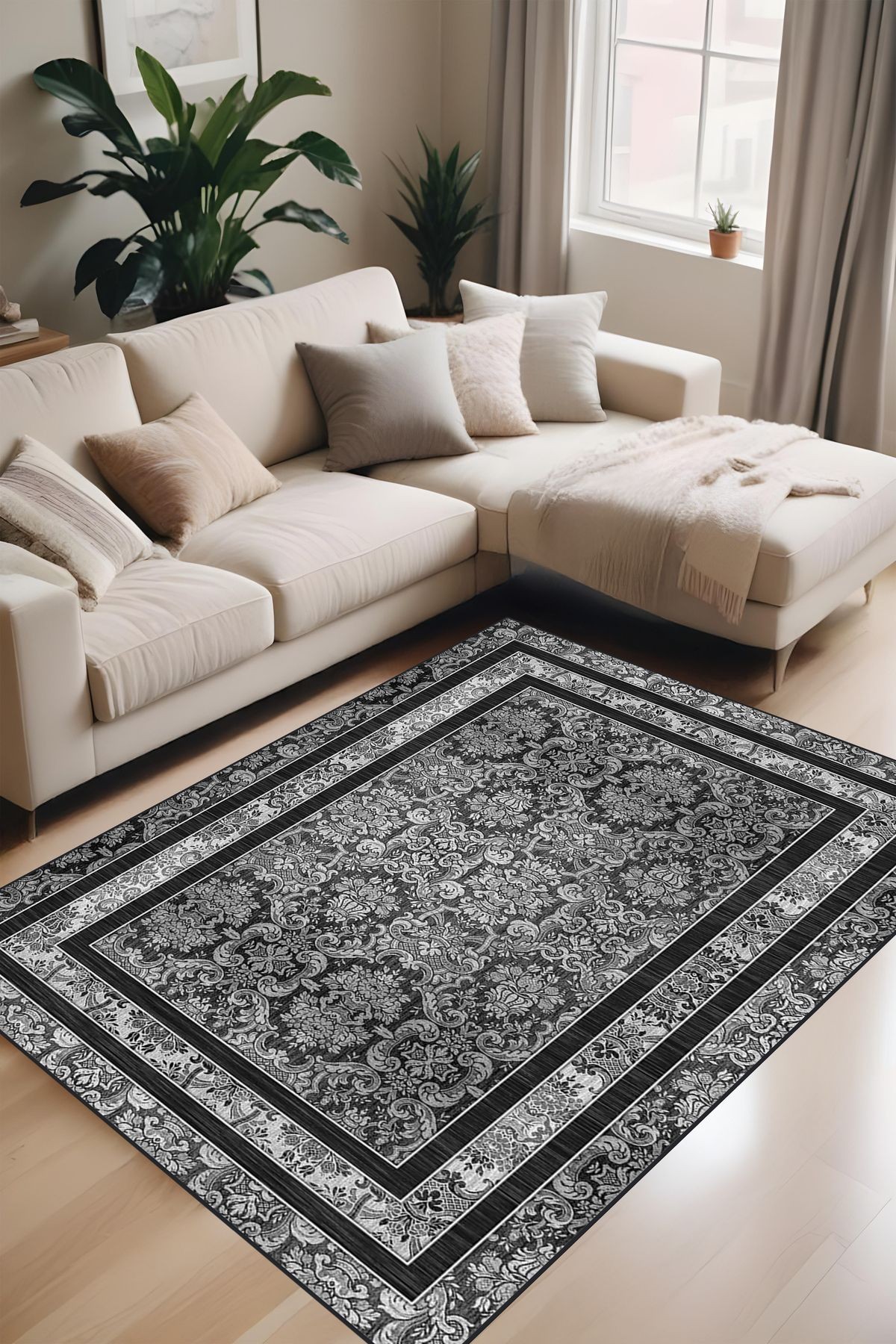 Dijital Baskı Klasik Desenli Çift Çerçeveli Dekoratif Makinada Yıkanabilir Salon ve Yolluk Halısı