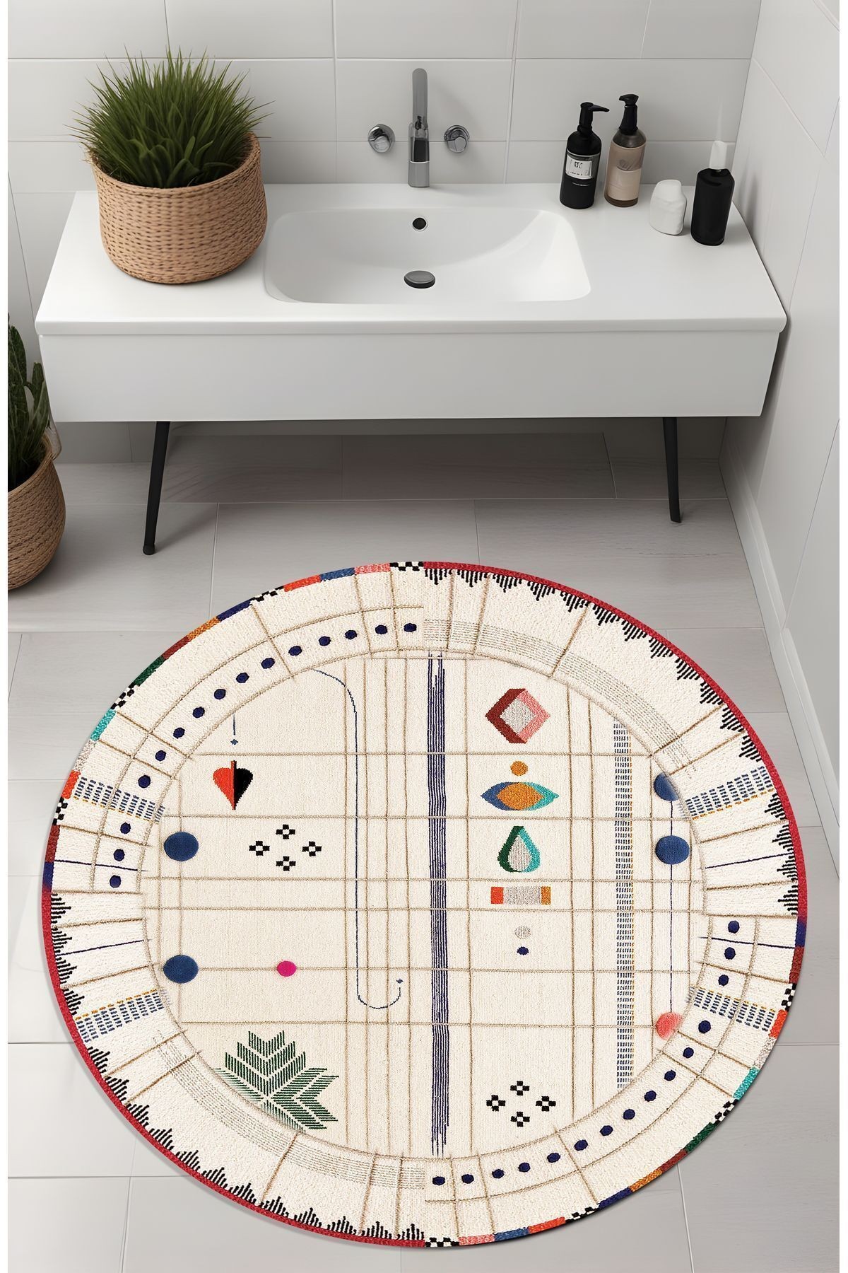 Dijital Baskı Yuvarlak Renkli Motif Etnik Desenli Modern Banyo Halısı Banyo Paspası (80x80)