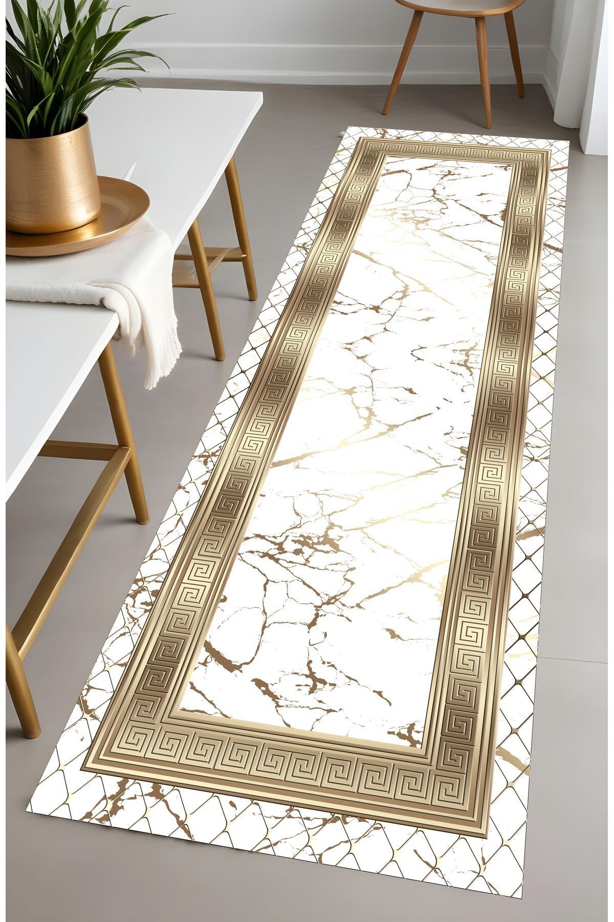 Dijital Baskı Mermer Desen File Çerçeveli Gold Dekoratif Makinada Yıkanabilir Salon ve Yolluk Halısı