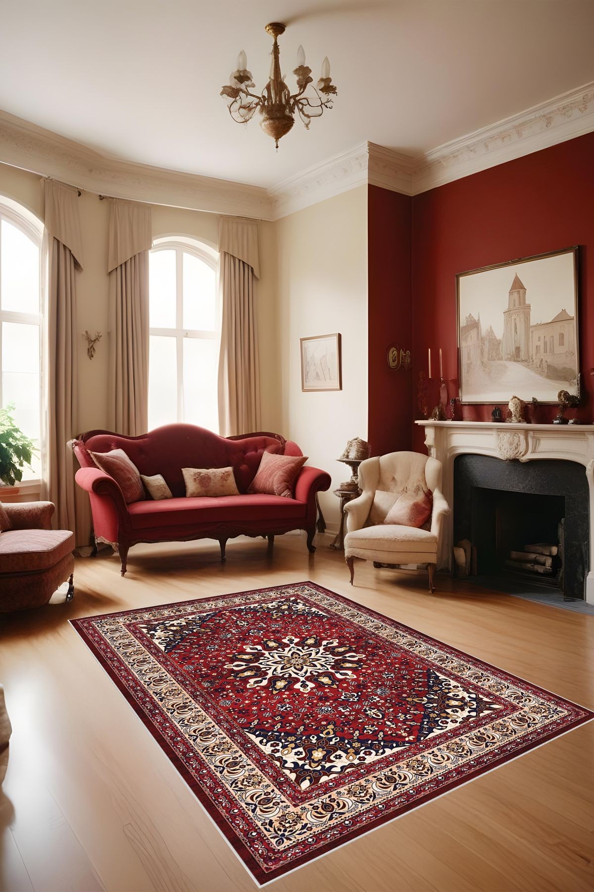 Dijital Baskı Klasik Desenli Çerçeveli Dekoratif Makinada Yıkanabilir Salon ve Yolluk Halısı