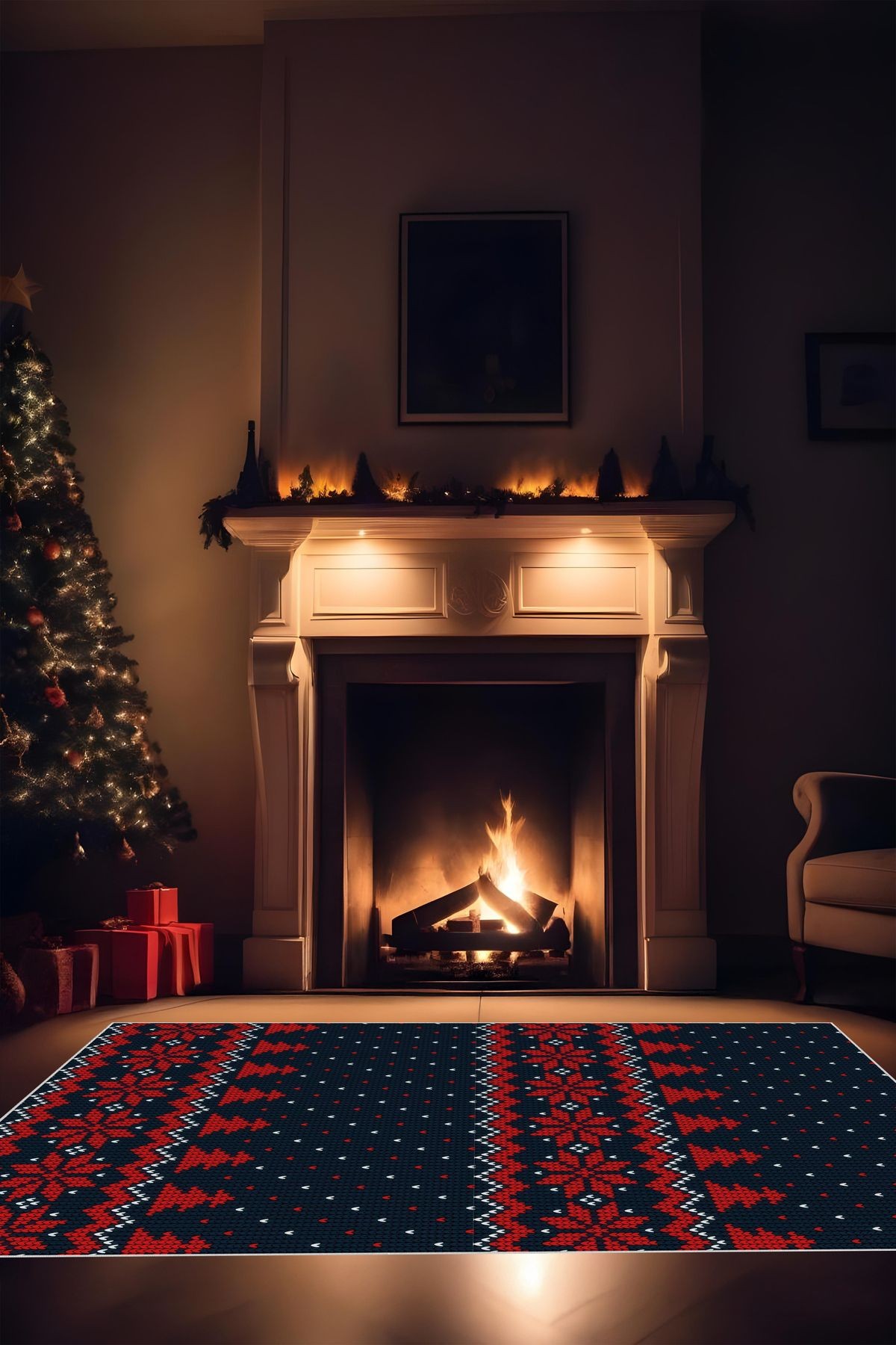 Yılbaşı Temalı Yeni Yıl Halısı Noel Halısı Christmas Parti Halısı Dijital Baskı Makinada Yıkanabilir