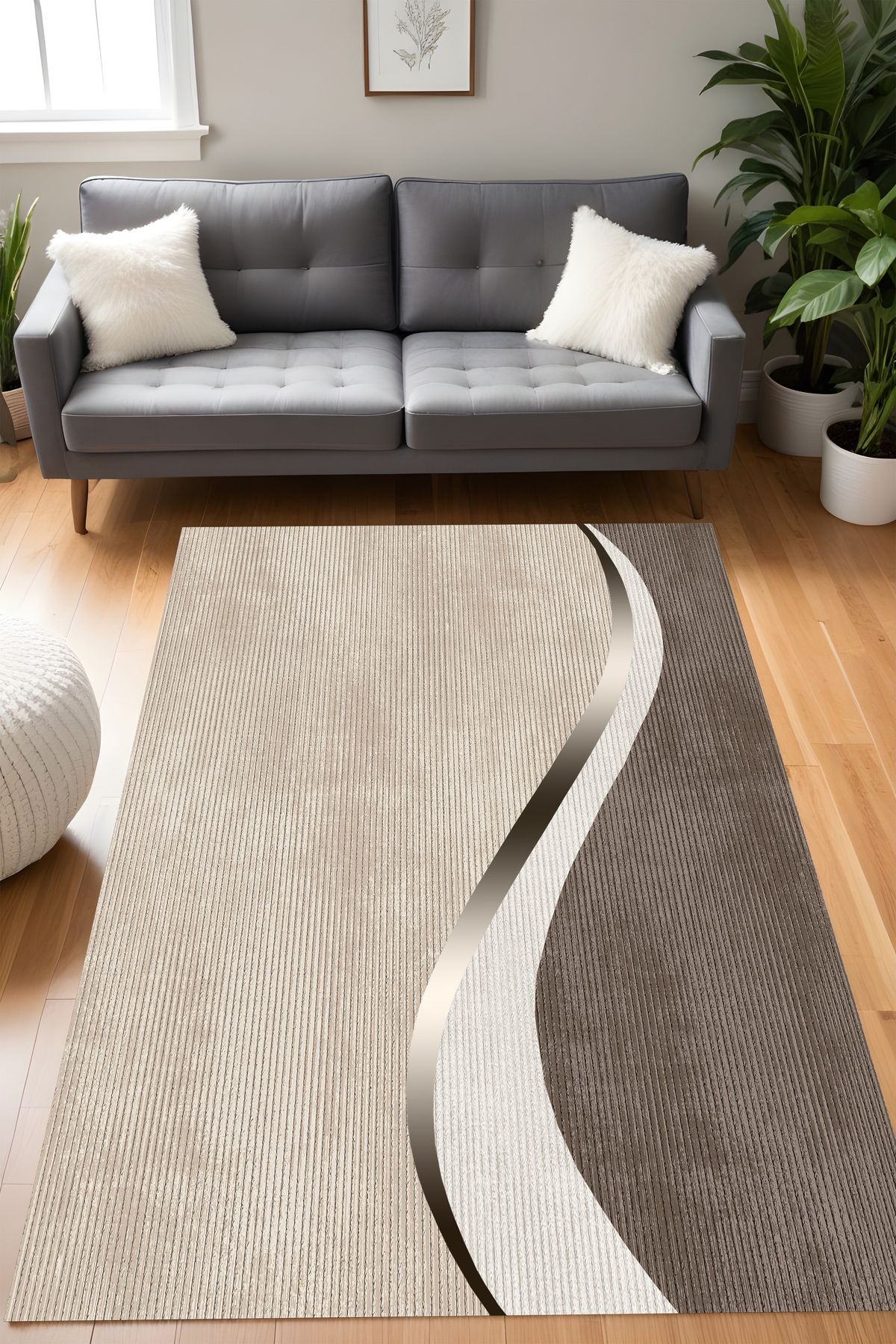 Dijital Baskı Kahverengi Estetik Modern Çizgili Dekoratif Makinada Yıkanabilir Yolluk Salon Halısı