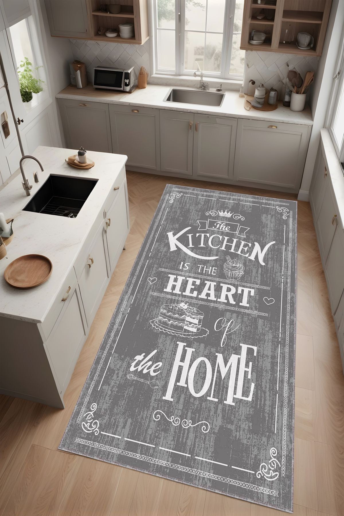 Dijital Baskı Kitchen Yazılı Dekoratif Modern Makinada Yıkanabilir Mutfak Halısı