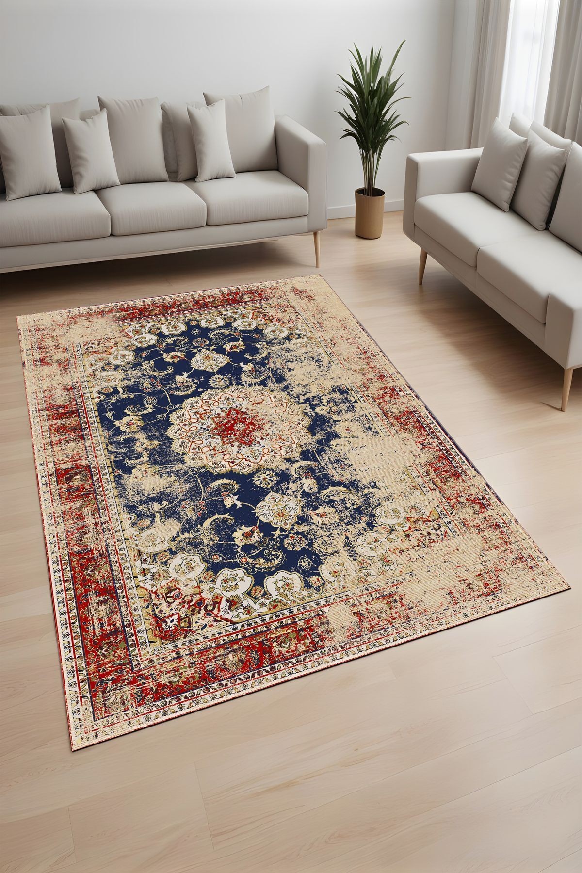 Dijital Baskı Eskitme Vintage Renkli Dekoratif Makinada Yıkanabilir Salon ve Yolluk Halısı
