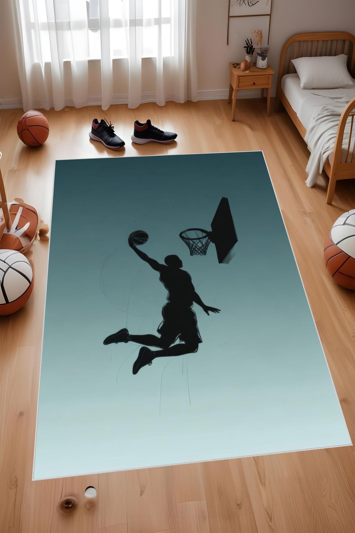 Dijital Baskı Turkuaz Beyaz Basketbol Temalı Makinada Yıkanabilir Genç Odası Salon ve Yolluk Halısı