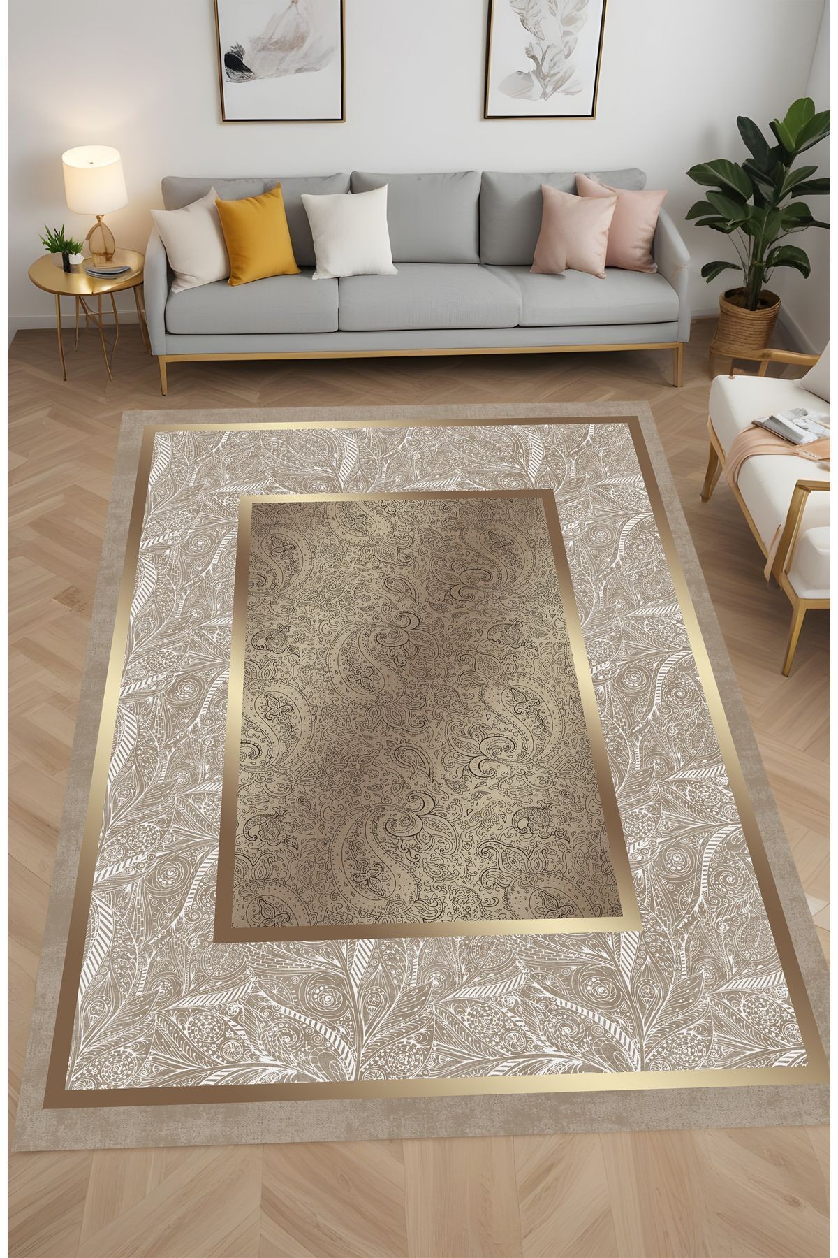 Dijital Baskı Floral Desenli Gold Çerçeveli Dekoratif Makinada Yıkanabilir Salon ve Yolluk Halısı