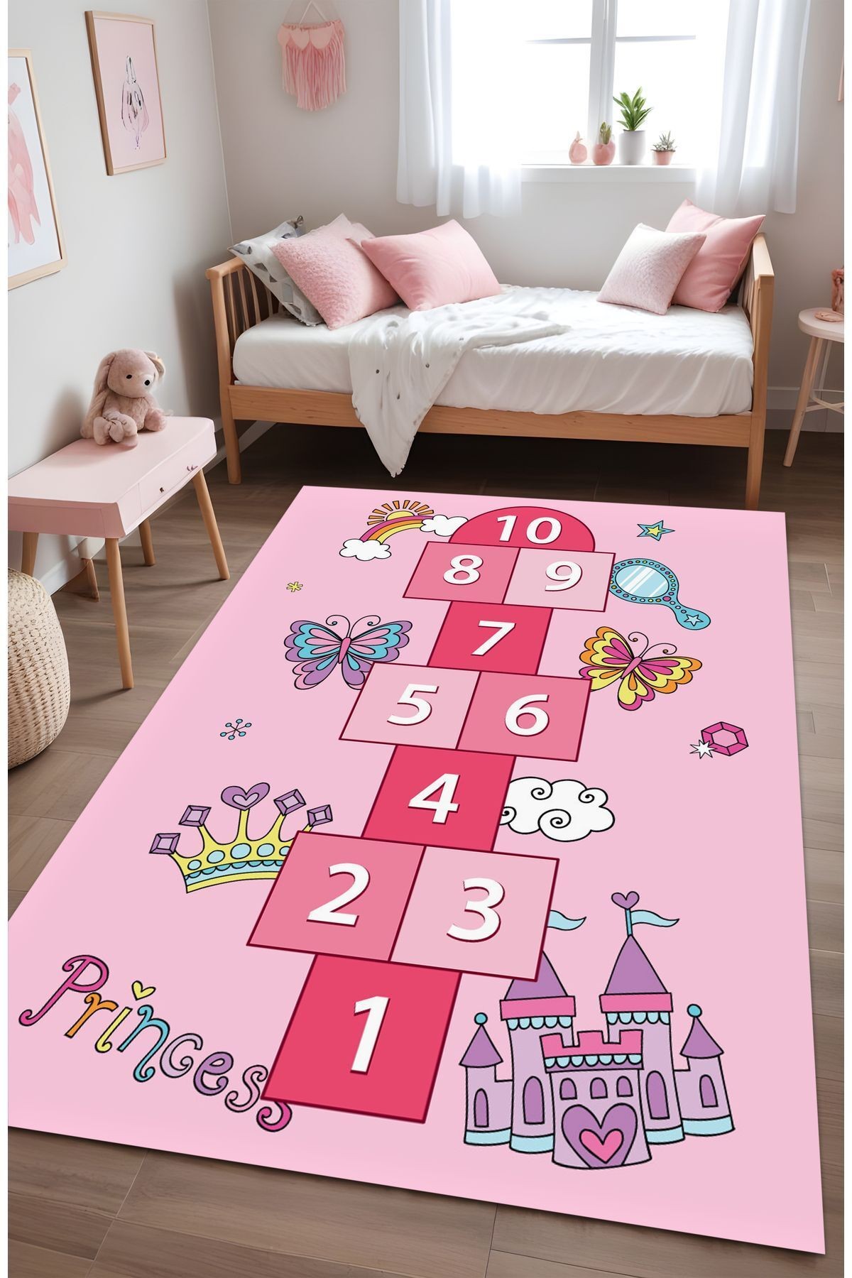 Dijital Baskı Seksekli Princess Yazılı Pembe Renk Makinada Yıkanabilir Çocuk Halısı Genç Halısı