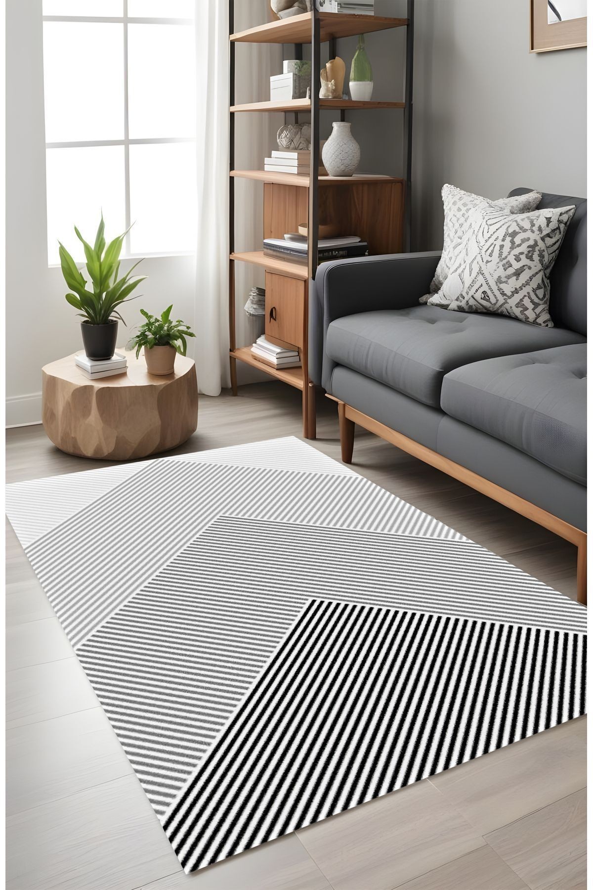 Dijital Baskı Simetrik Çizgili Modern Dekoratif Makinada Yıkanabilir Salon Halısı Yolluk Halısı