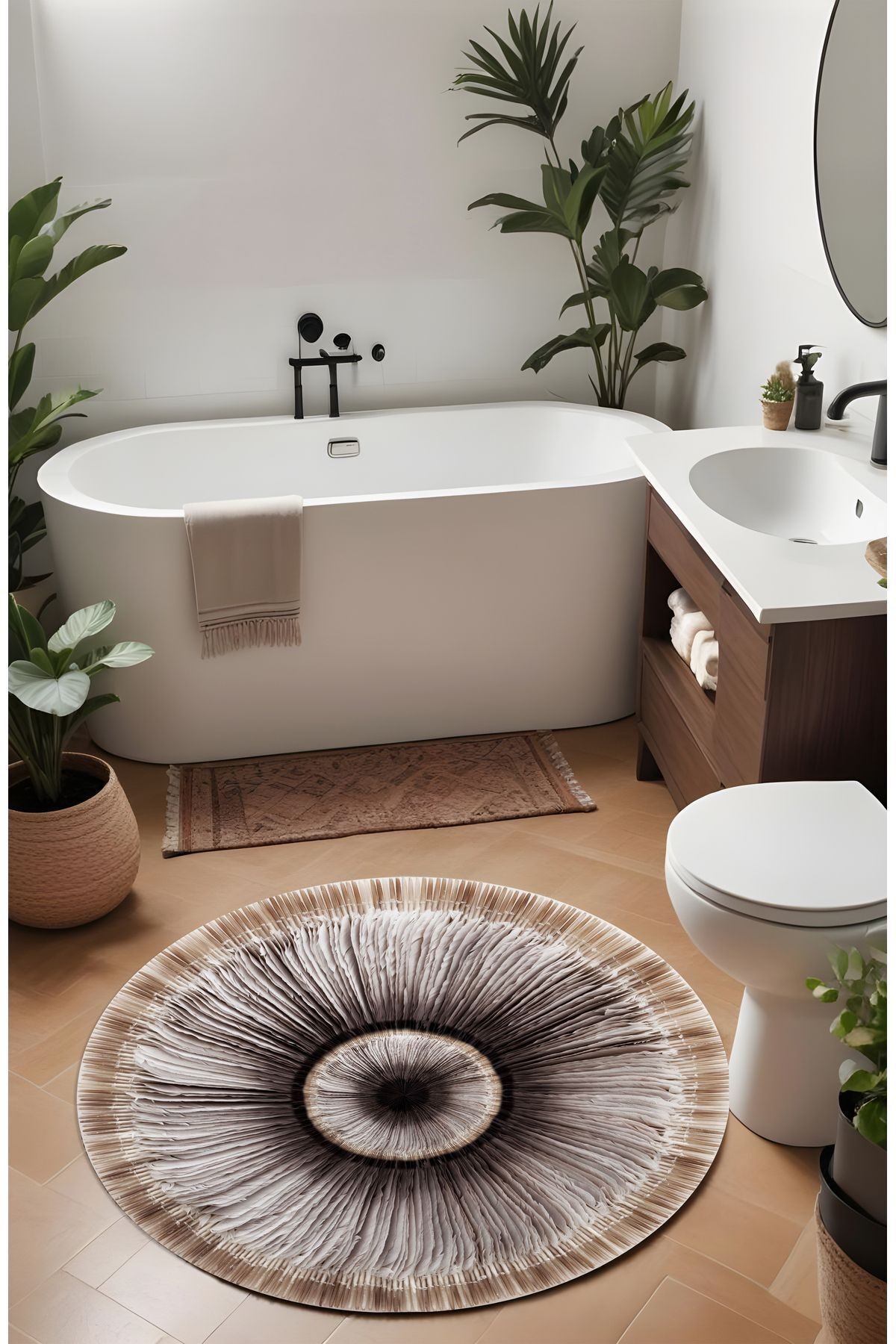 Dijital Baskı Yuvarlak Naturel Desen Mantar Esintisi Modern Banyo Halısı Banyo Paspası (80x80)